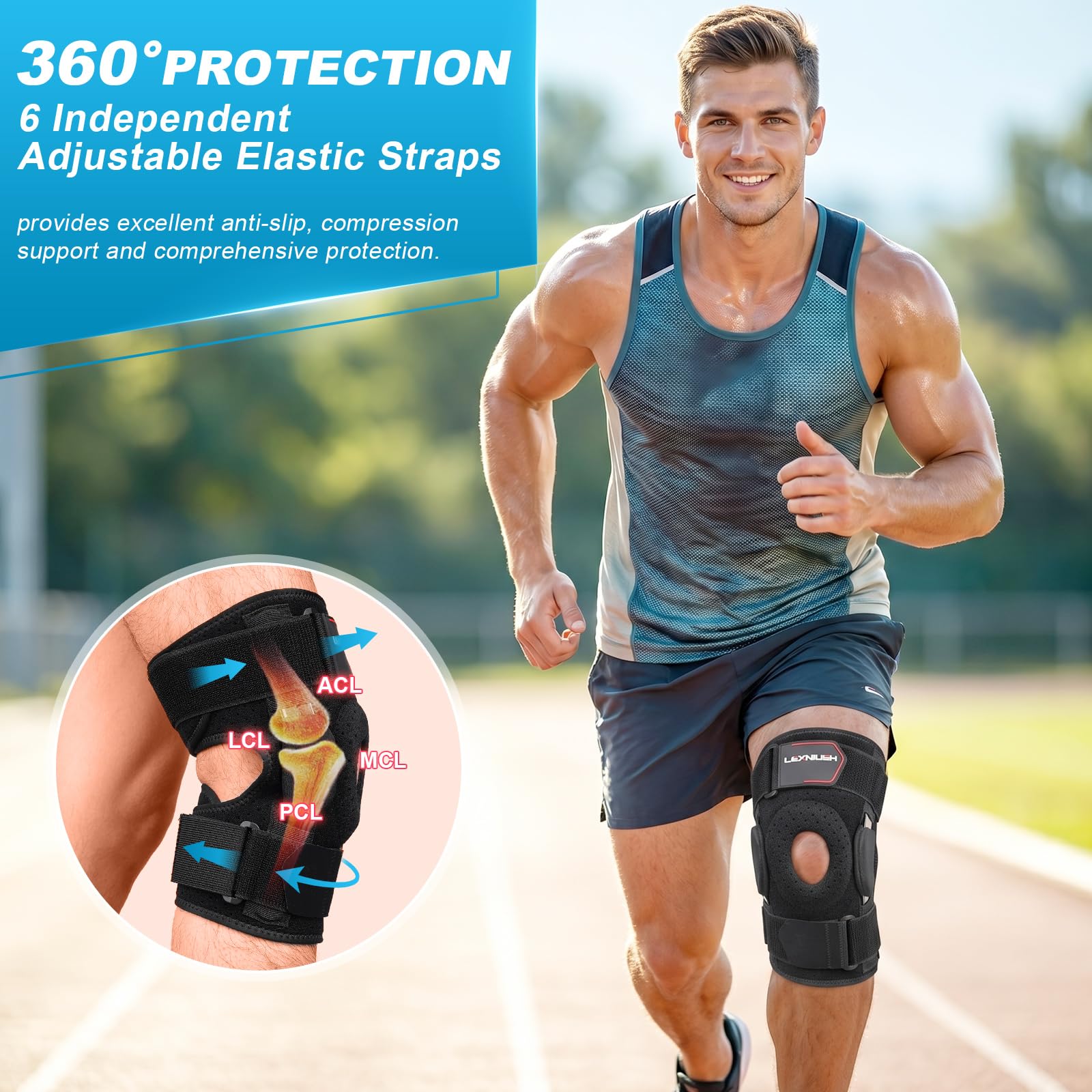 Lexniush Genouillère Sport Réglable avec Stabilisateurs Latéraux, Genouillere Arthrose Genou pour Ligamentaire, ACL/MCL, Attelle Genou et Coussin en Gel Rotulien pour Sport, Course, Running