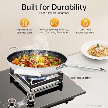 Stainless Steel Wok,13.4 Inch Cooks Standard Pan with 3-Layer Die-Casting Wok Body, Maximum Temperature Resistance 578F Cooking Woks Pans with Glass Lid, for Gas Stoves, Induction Cookers