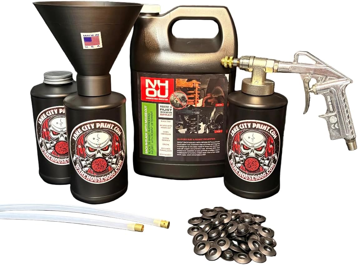 NHOU Back N Black Pro Undercoating Spray Gun & Custom Threaded Funnel - 2 Wand Kit (3 W Quart Bottles)
