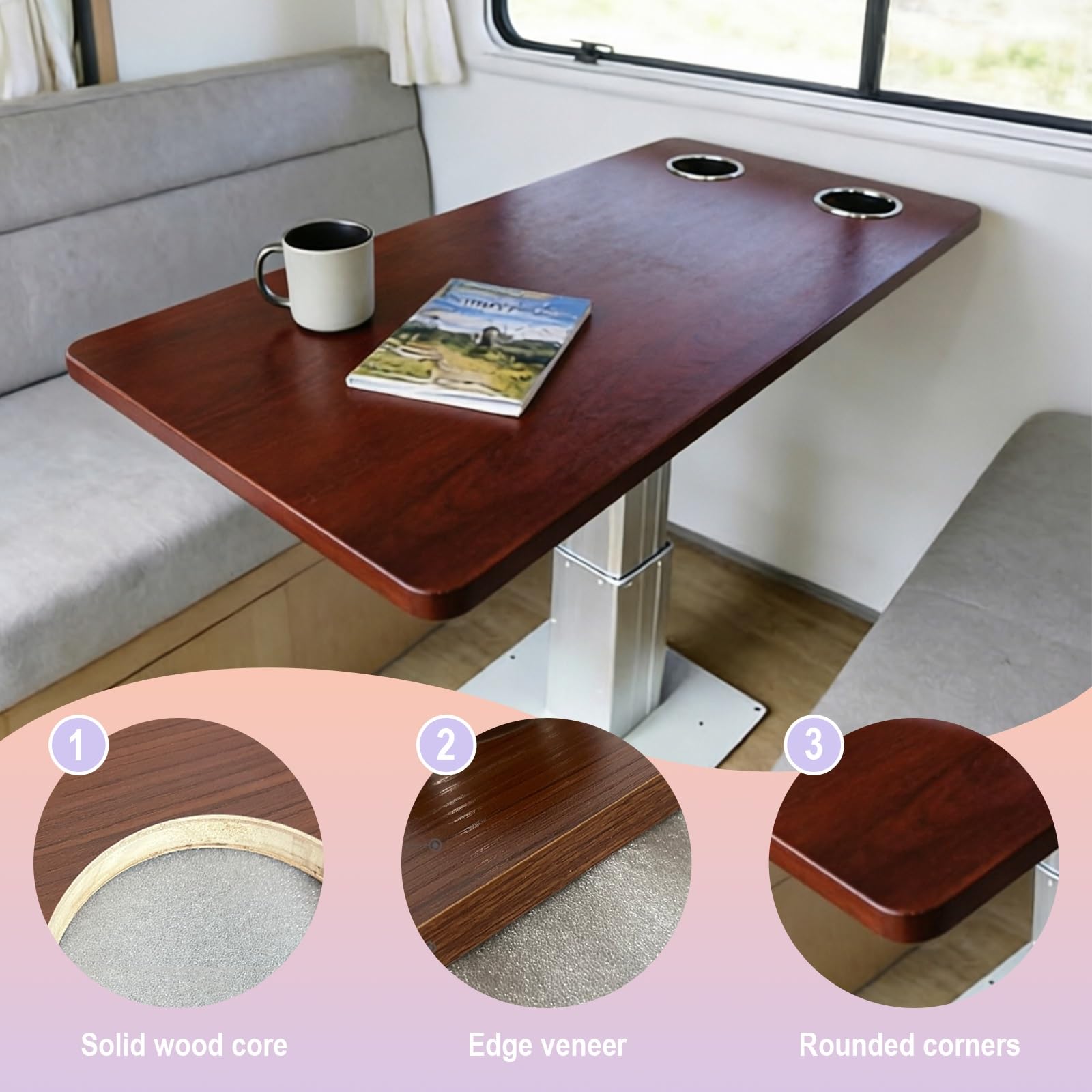Tavolo Camper 79x39 cm, Tavolo Barca con 2 Portabicchieri, Rosso Legno, Impermeabile, Bordo Arrotondato