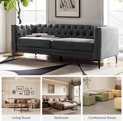 Miniatura 6 de HULALA HOME Sofá de Piel Sintética de 84" de Ancho con Patas Metálicas, Sofá de 3 Plazas con Botones Capitoné, Sofá Tapizado Contemporáneo Moderno