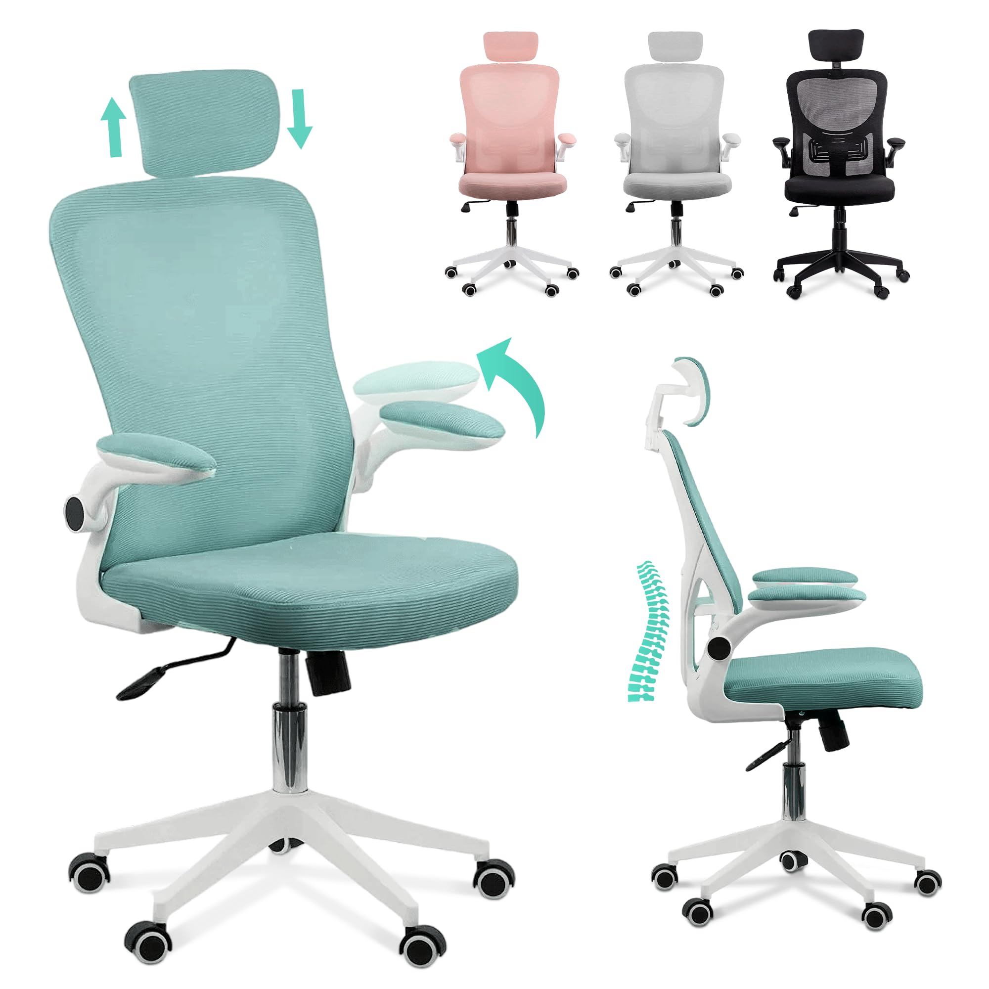 Silla Escritorio Ergonomica - Silla oficina Ajustable y Reclinable con Soporte Lumbar, Reposacabezas Ajustable, Plegables, Malla Transpirable, Ruedas Giratorias 360° Soporta hasta 120kg - Verde