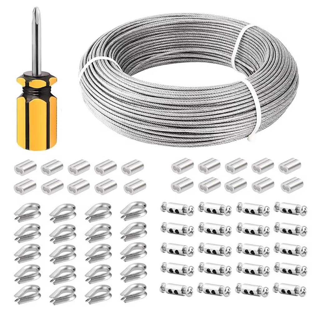 NEWFUN 100M Cable Acero, Cable Acero 3mm, Cable de Acero Inoxidable con Manguito de Engarce y Guardacabos Para Tensar Vallas, Cables de Suspensión de Lámparas de Exterior, Cables para Cortinas