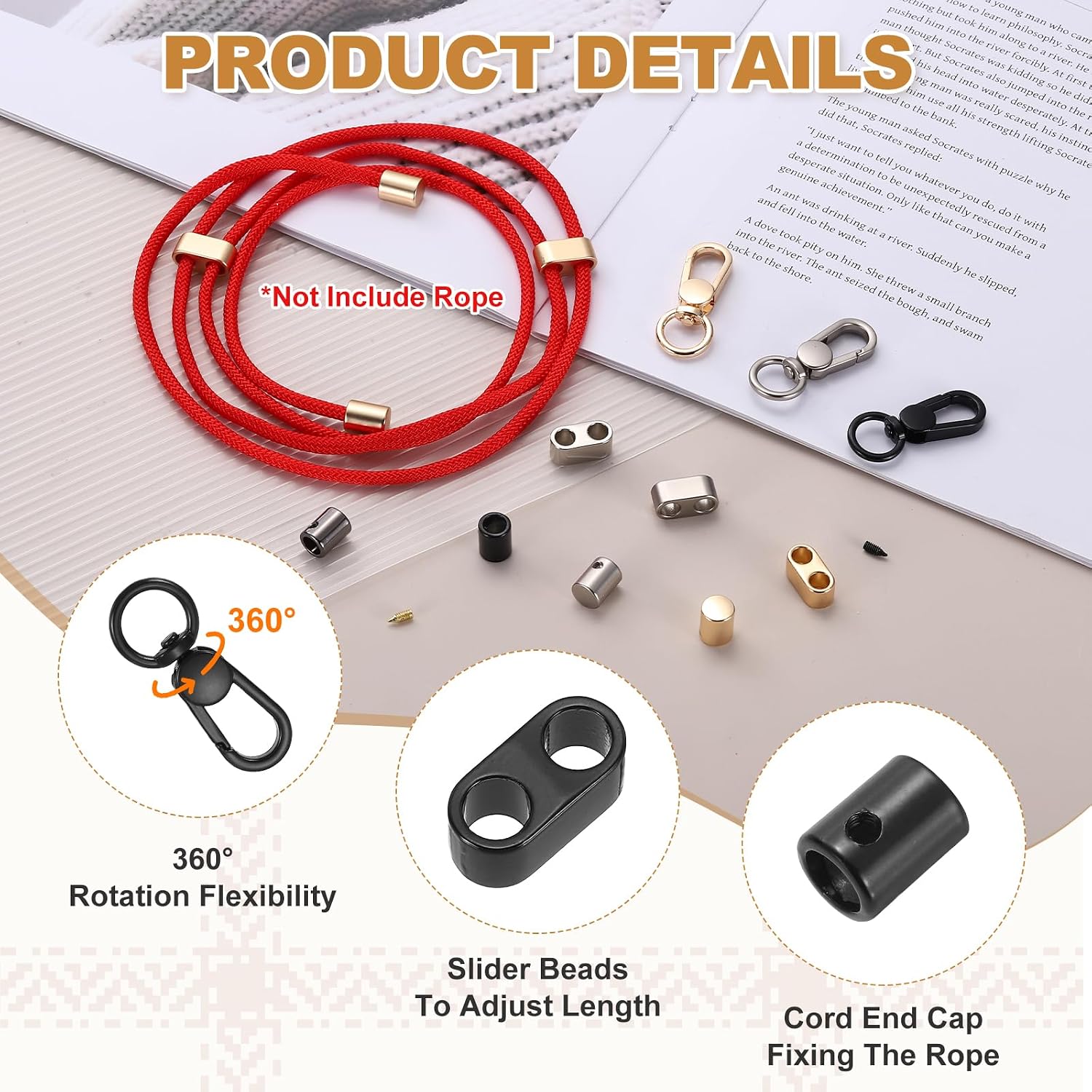 MECCANIXITY 4 Set Metal Keychain Lobster Claw Clasps, Swivel Lanyard Snap Hook with Slider Beads & Column End Caps for Lanyard Making Keychain Supplies, Black