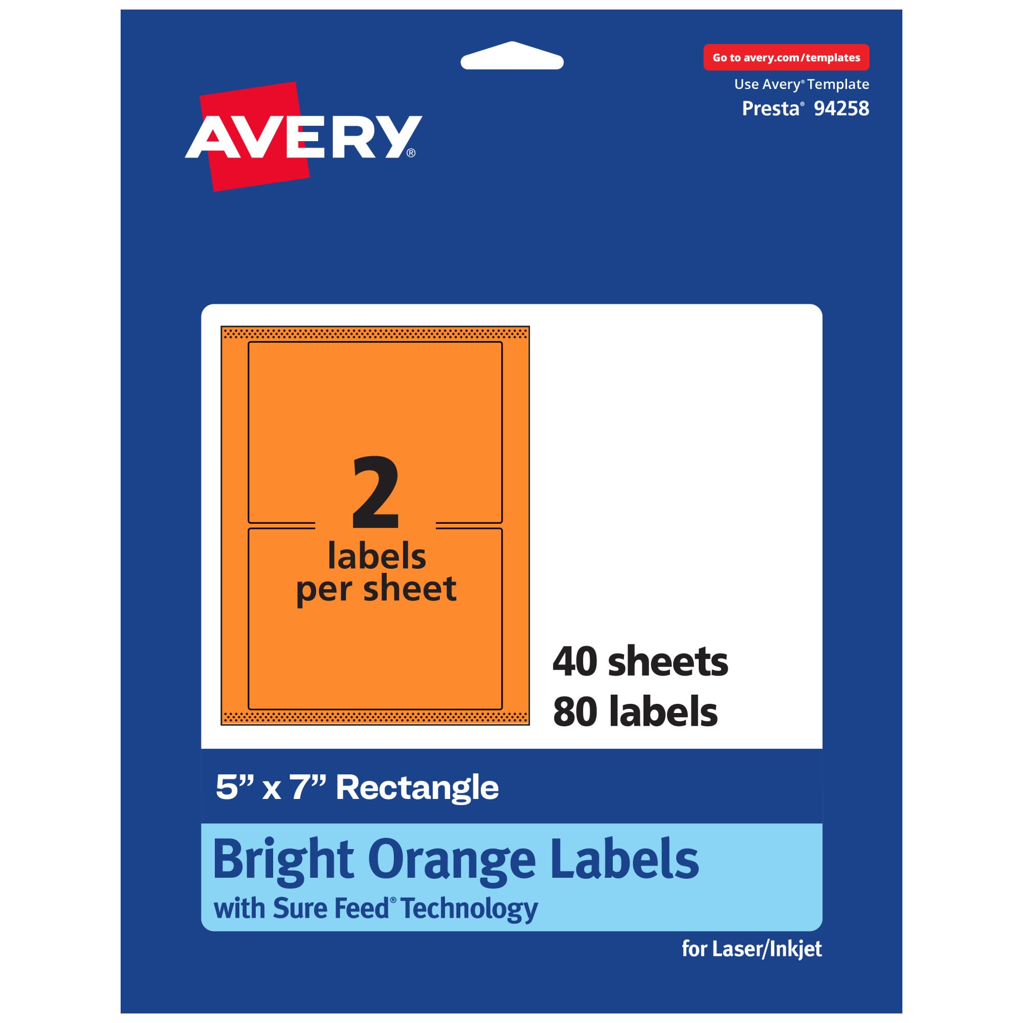Avery Printable Rectangle Labels, Sure Feed Technology, 5" x 7", Bright Orange Labels, Laser/Inkjet Printable, 80 Total, Great for Shipping and