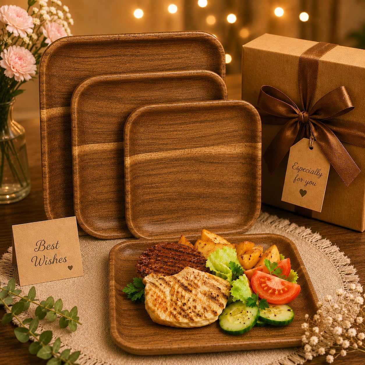 Acacia Wooden Plates Set of 3, 6/8/10 Inch Square Serving Platters for Charcuterie, Appetizers, Acacia Wood Plates, Stackable Dinnerware Trays for Kitchen, Party & Entertaining (Square Tray)
