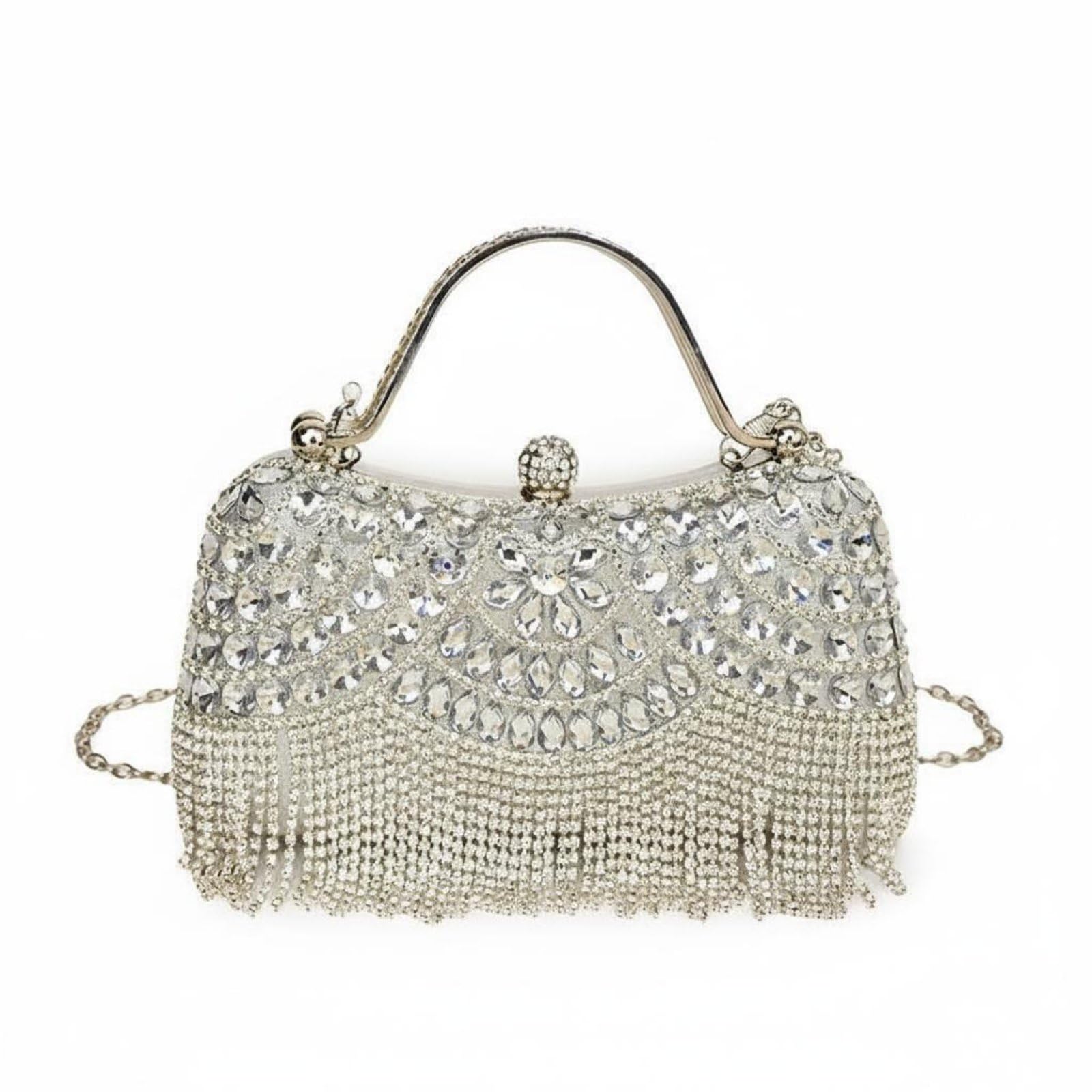 Wrist Strap Rhinestone Fringe Glamorous Crystal Tassel Evening Bag Gold Frame Beaded Wristlet Purse For Women, Banquet, Wedding, Silver | Handbags & Bags Bridal Accessories-image-28