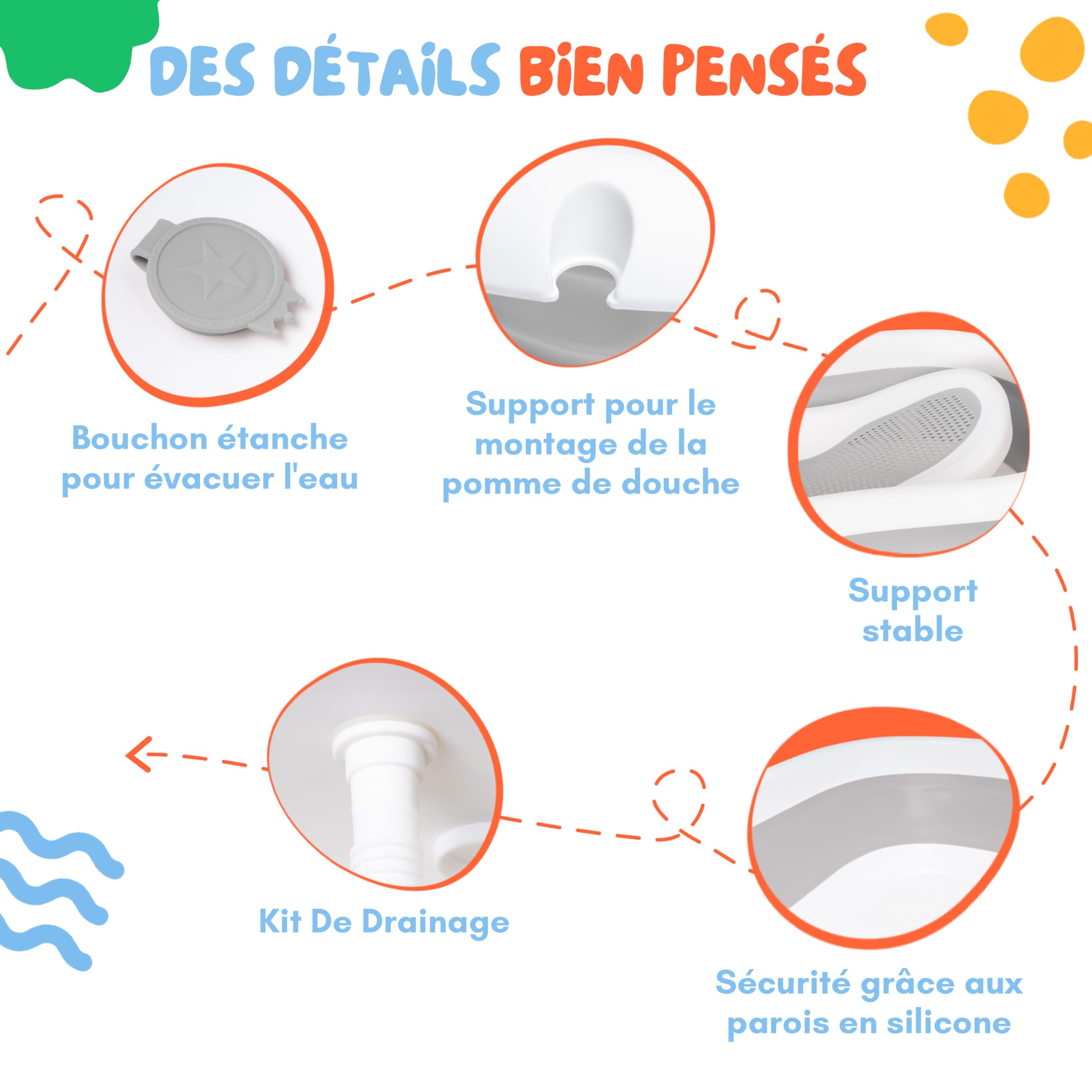 Baignoire bébé pliable 80 cm grise avec thermomètre siège de bain drainage