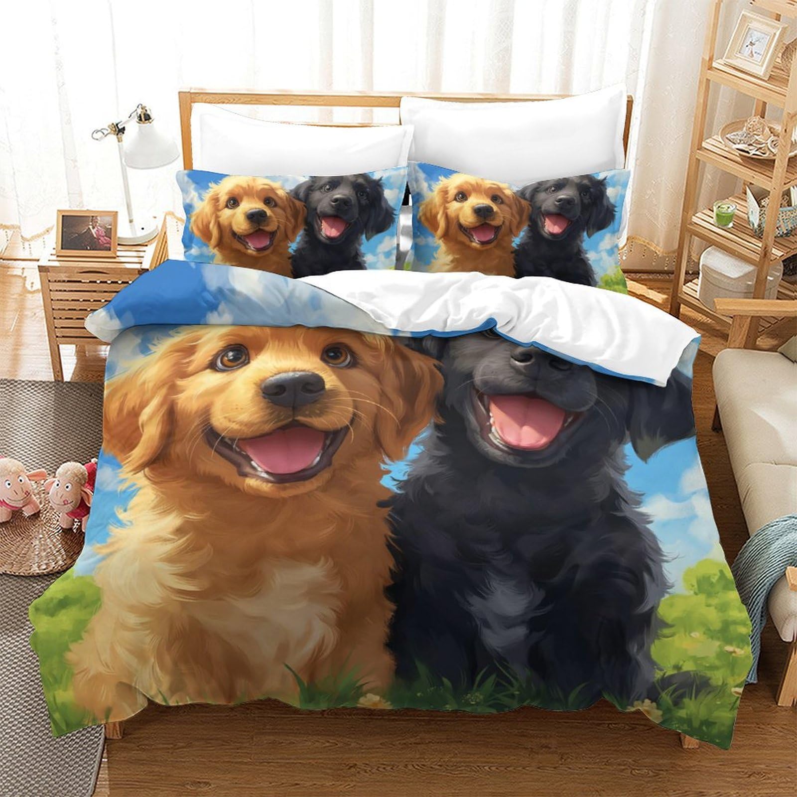 Housse de couette Golden Retriever 3 pièces avec fermeture éclair pour lit double