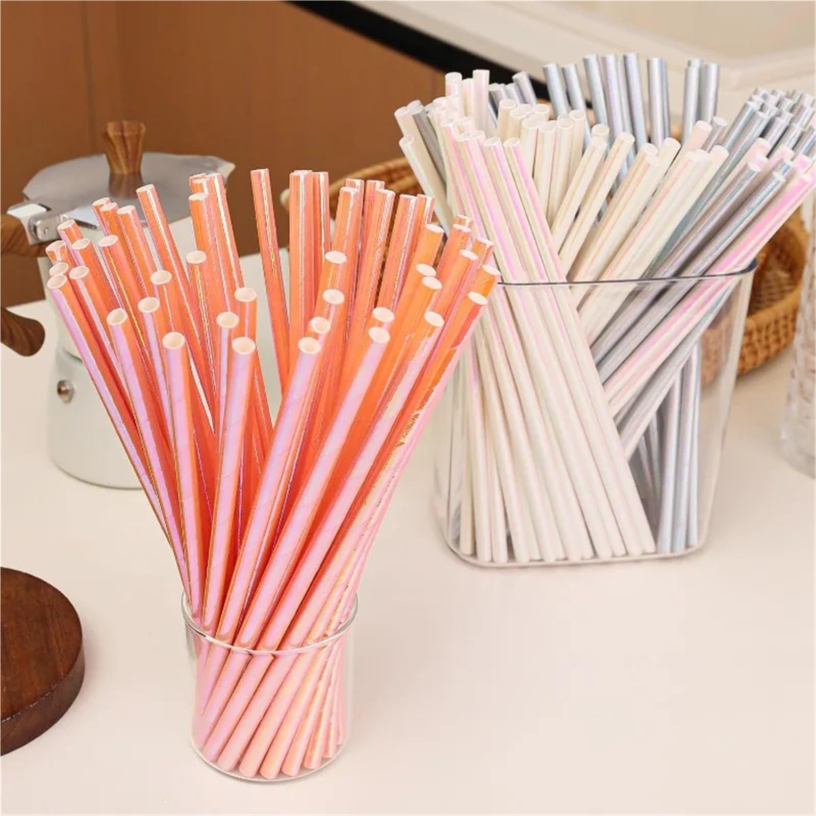 Pajitas de papel for beber 300 Uds pajitas iridiscentes desechables pajitas de papel decorativas for fiestas for batidos batidos vino jugo barra de cocina(Pink)
