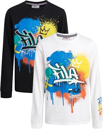 Fila Boys Long Sleeve Shirts - 2 Pack Soft Cotton Casual Crewneck Long Sleeve Graphic Tees for Boys with Rib Cuffs