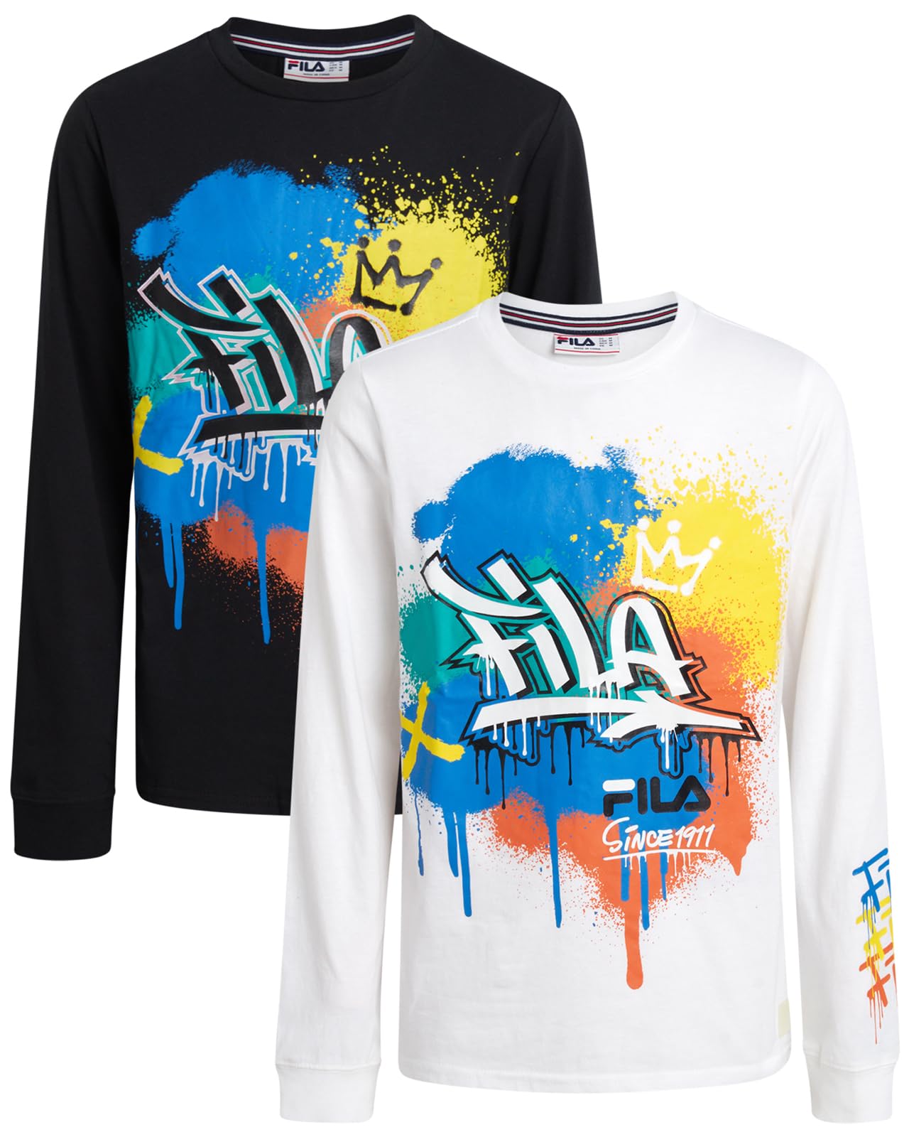 Fila Camicie a maniche lunghe per ragazzi, confezione da 2 magliette casual a maniche lunghe, girocollo con grafica per ragazzi con polsini a costine (8-20)