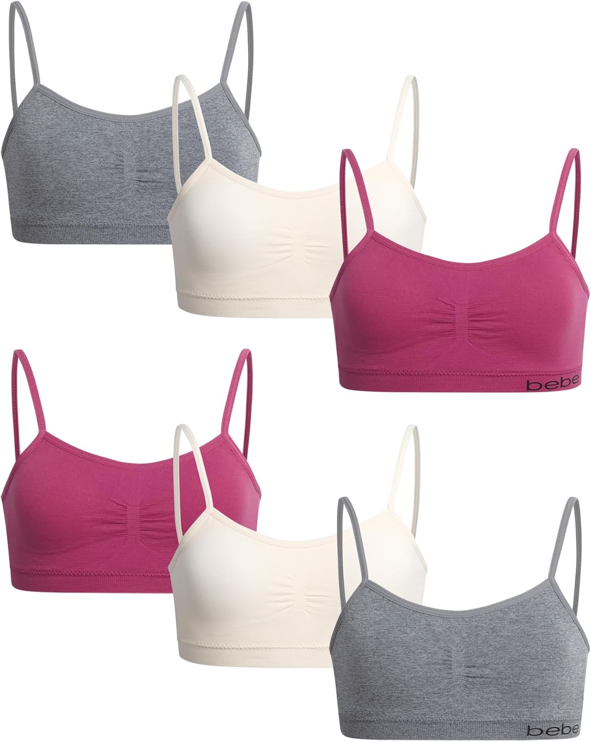bebe Girls Training Bra - 6 Pack Soft Stretch Tag Free Girls Bra with Removable Pads Comfort Fit Bras for Teens
