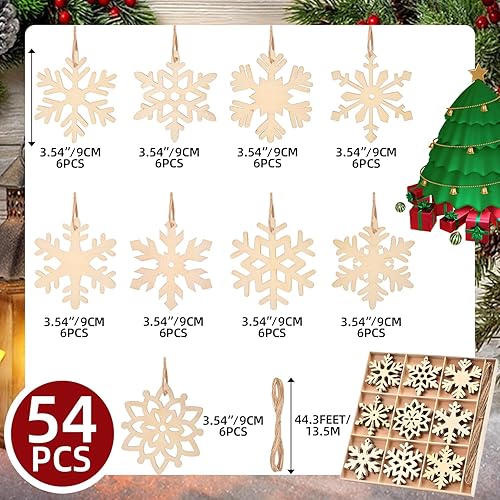 Miniatura 2 de Adornos de copo de nieve, 54 piezas de recortes de copos de nieve de madera sin terminar para decoraciones de Navidad, decoración de Navidad neutra,