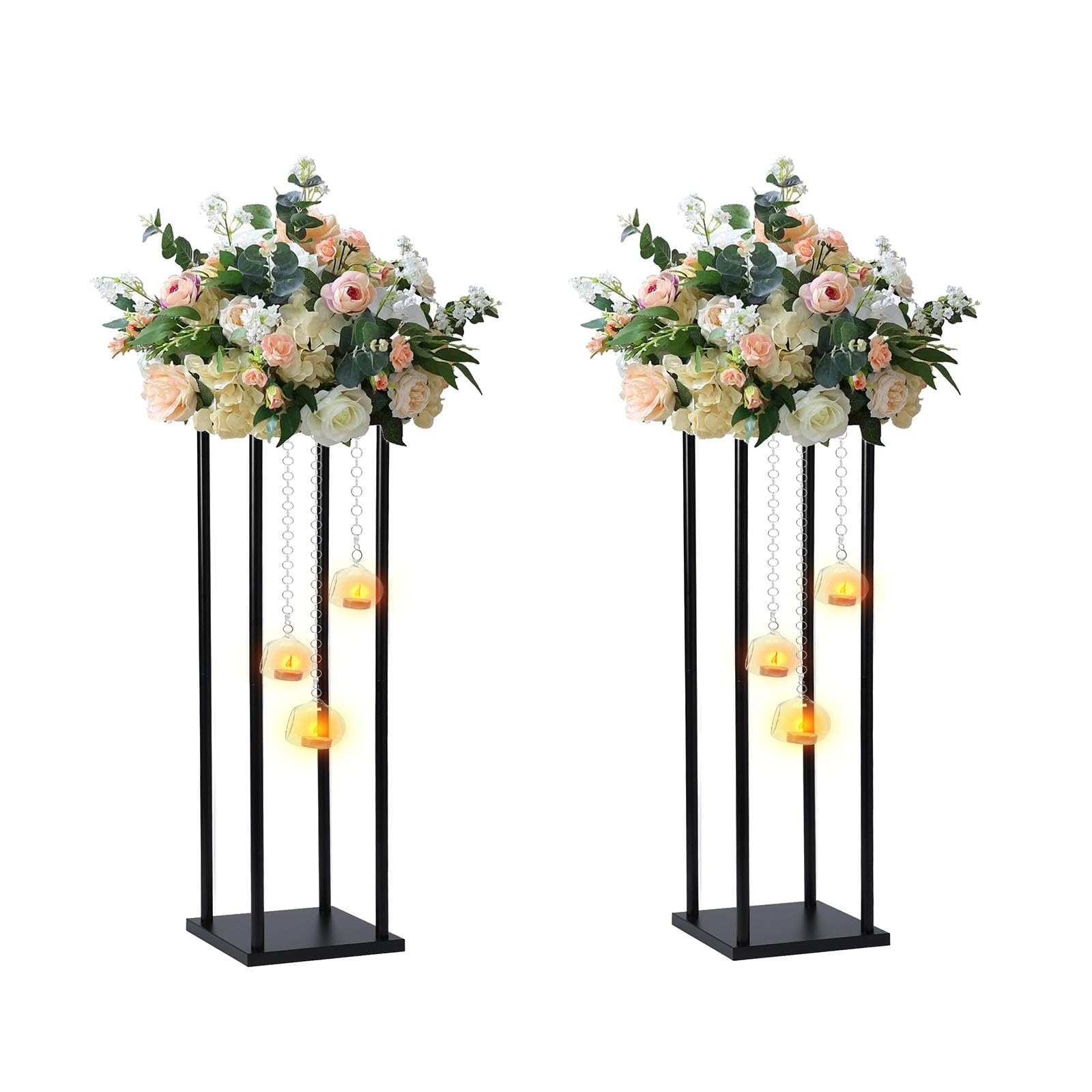 Rectangular Metal Wedding Flower Stand Vase with Hanging Glass Globe Terrarium Tealight Candle Holder, Multifunctional Geometric Column Frame