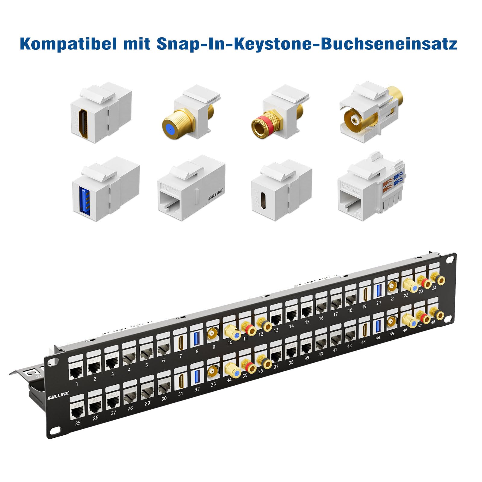 Iwillink Panel de conexión en blanco de 48 puertos para módulos Keystone, 2U, 19 pulgadas, con 24 insertos en blanco Keystone Jack, compatible con CAT6 CAT6A, CAT7 y CAT8