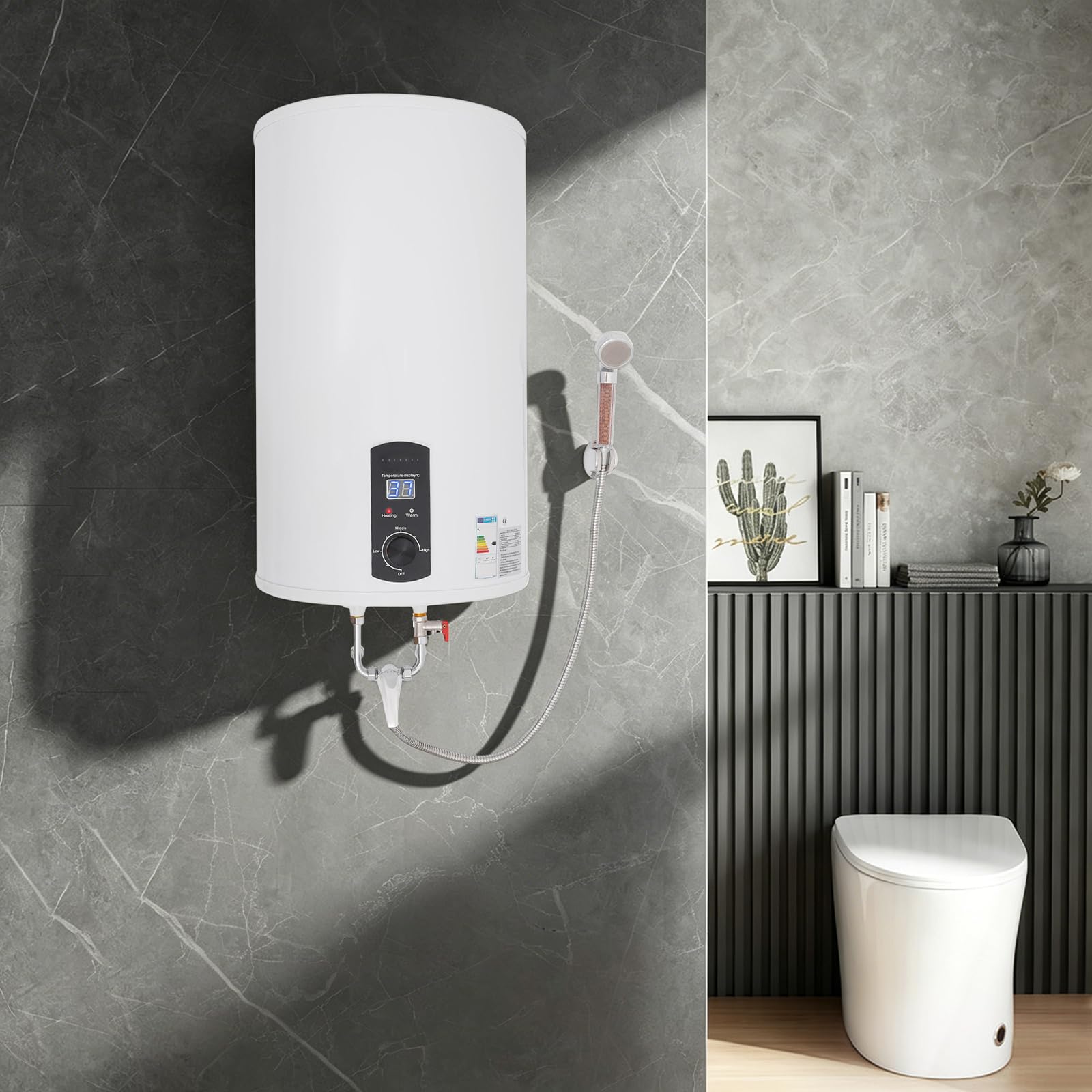 Scaldabagno elettronico con protezione contro le perdite, scaldabagno da 70 l, con scelta della temperatura, 2000 W, 220 V, scaldabagno elettrico con doccia e rubinetto, 41 x 75 cm, bianco