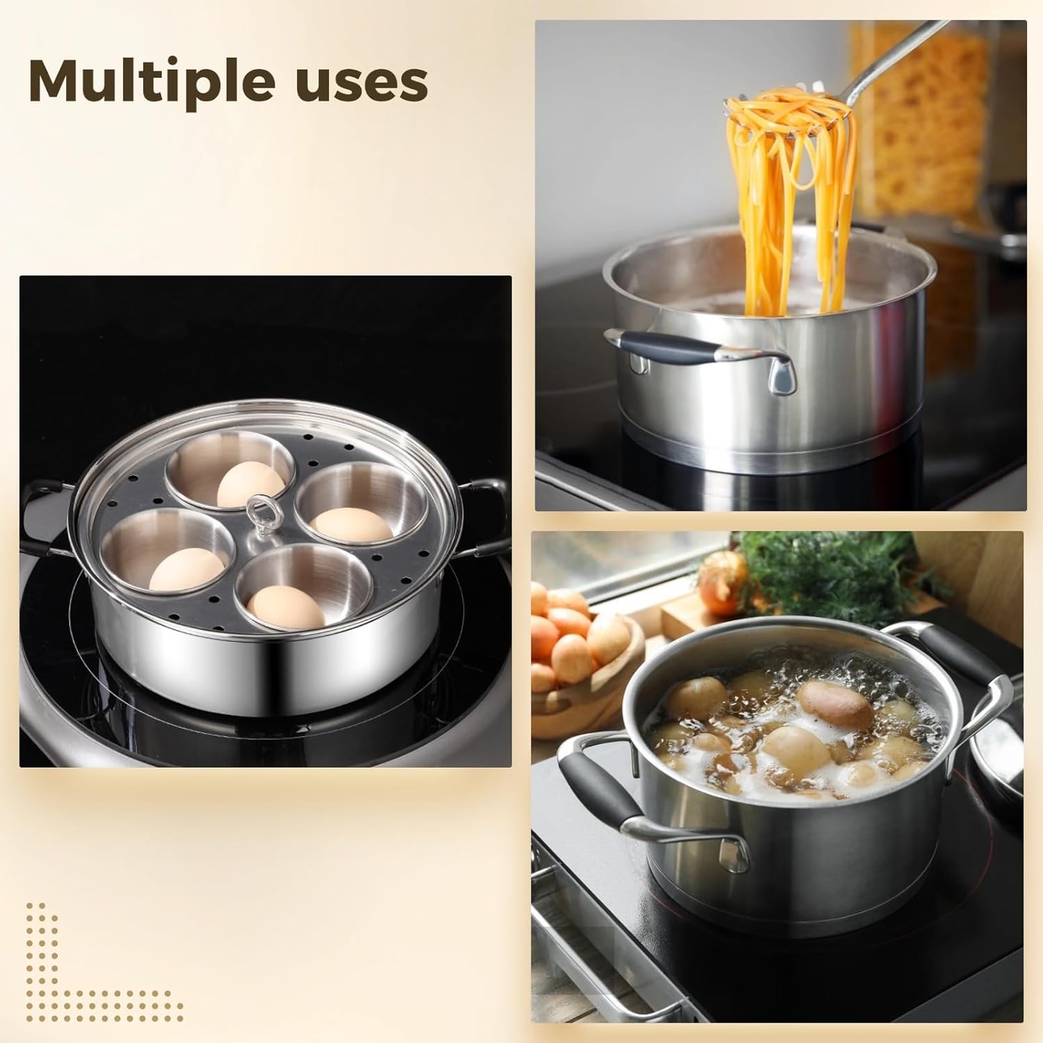 7.87 in Egg Poacher Pan, 4 Cups, Stainless Steel with Glass Lid, All Cooktops, Easy Release
