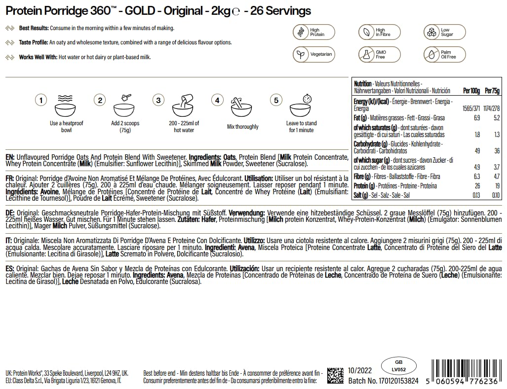 Protein Works | Protein Porridge 360 - GOLD Innovation, Desayuno Alto en Proteínas y Bajo en Azúcar, Vitaminas y Minerales Añadidos, Alto en Fibra, Natural, 26 Porciones, 2kg