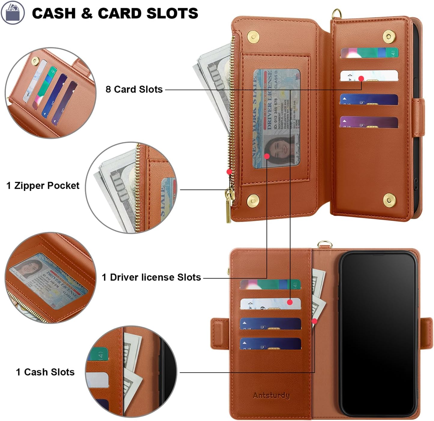 Antsturdy Compatible with iPhone 17 Pro Max Wallet Case Women,RFID Blocking PU Leather Phone Case Men Kickstand Flip Cover Wrist Strap Zipper Credit Card Holder Slots for Apple 17 Pro Max,Orange