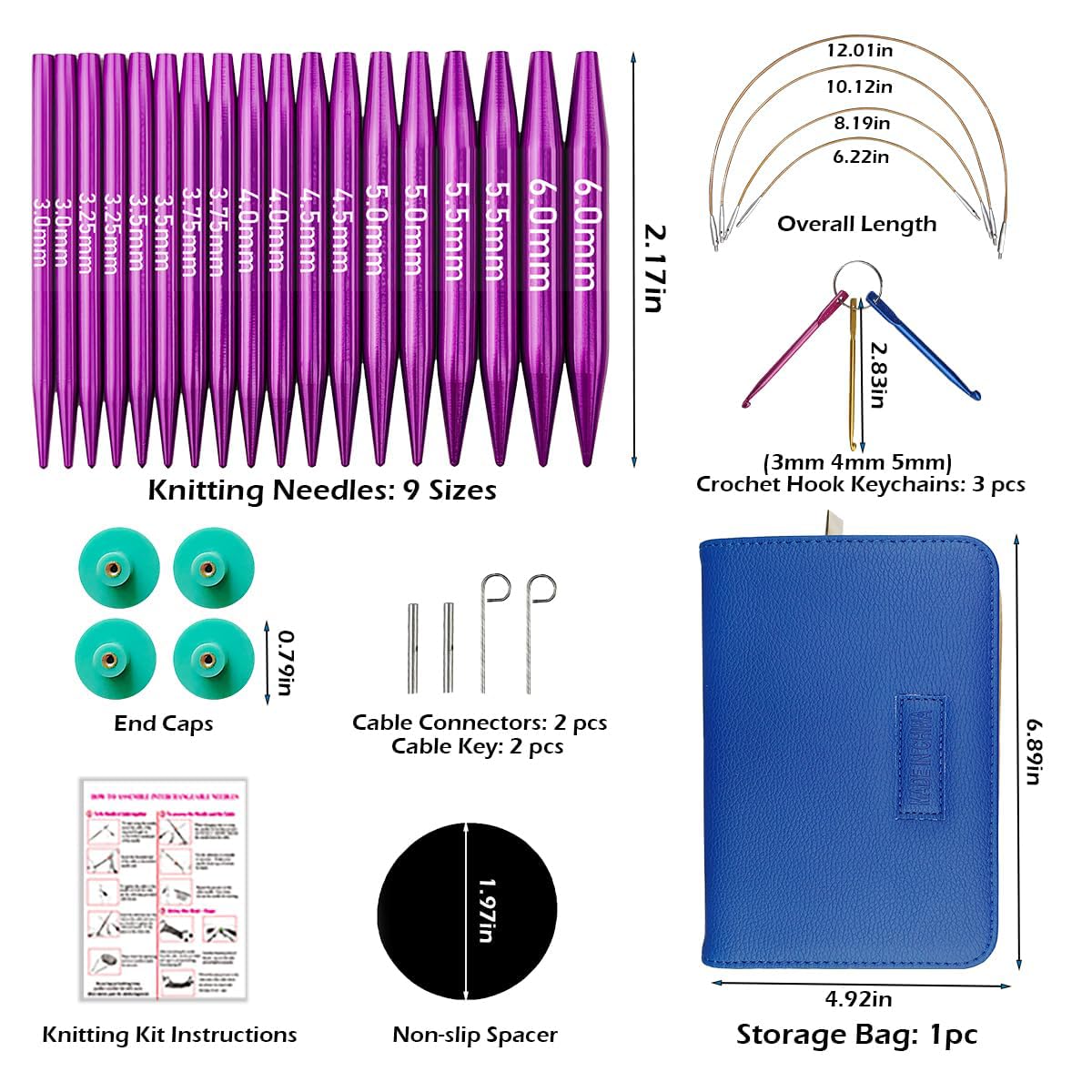 Knitiss Set de agujas circulares intercambiables de tejer, 9 pares de agujas cortas de 5 cm desde 3,0~6,0 mm, agujas intercambiables con 4 cables