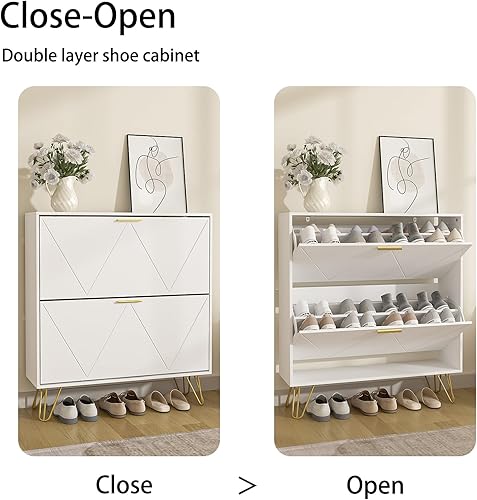 Miniatura 7 de LYNSOM Zapatero con 2 cajones abatibles, armario de zapatos para entrada, armario de almacenamiento de zapatos blanco, zapatero independiente de
