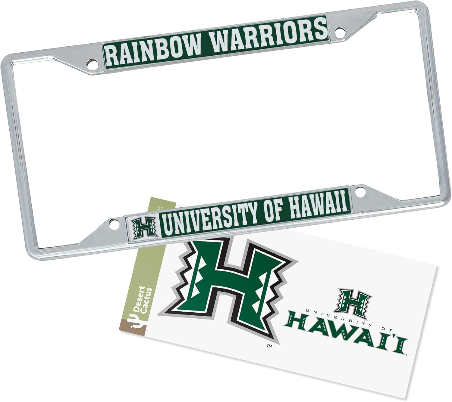 Desert Cactus University of Hawaii Car Accessories Metal License Plate Frame and Sticker for Front or Rear of Car (Sticker Frame Combo - Mascot)