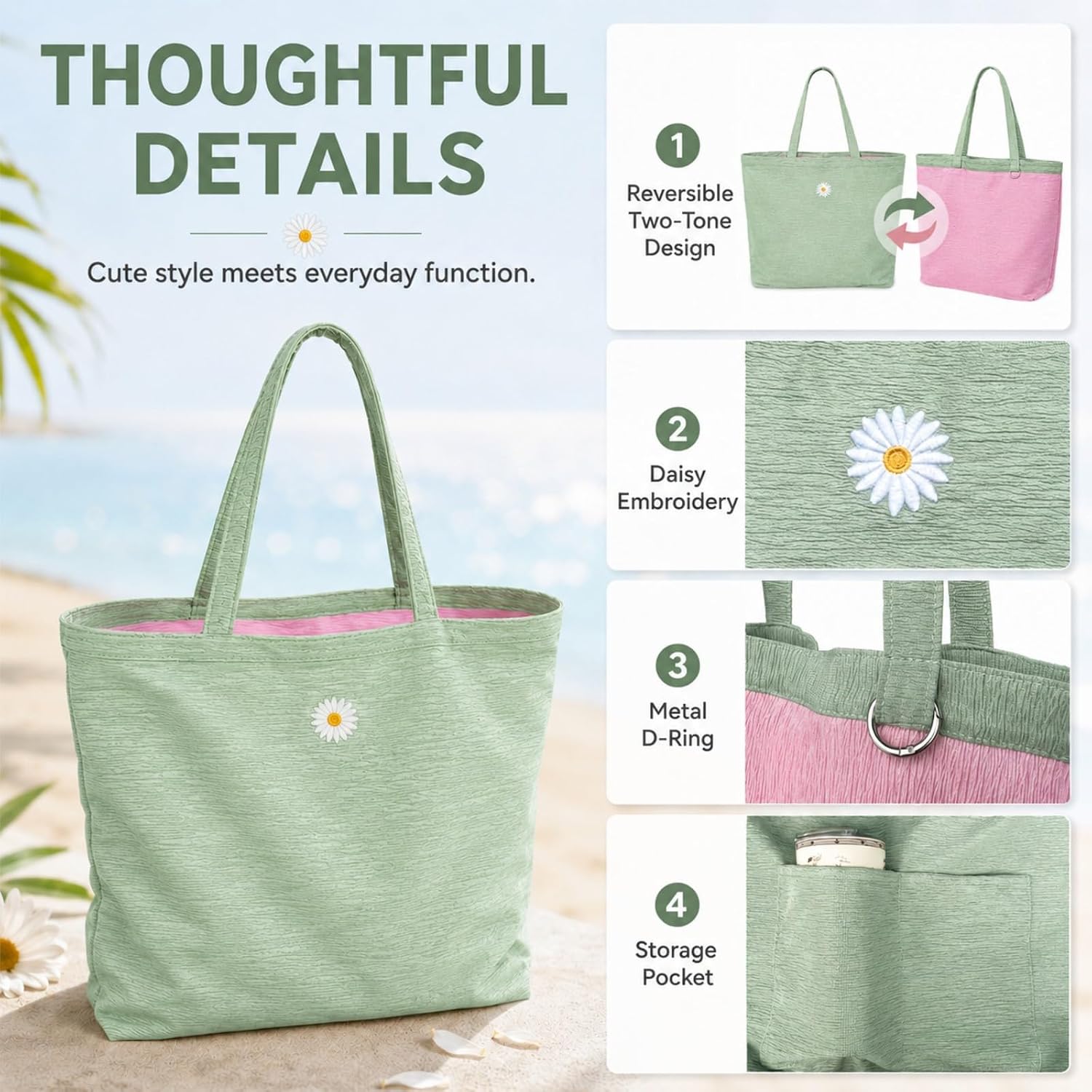 CYD Pool Bag for Women, Beach Tote Bag with Shoulder Strap, Soft Lightweight Summer Tote,Vacation, Beach Essentials