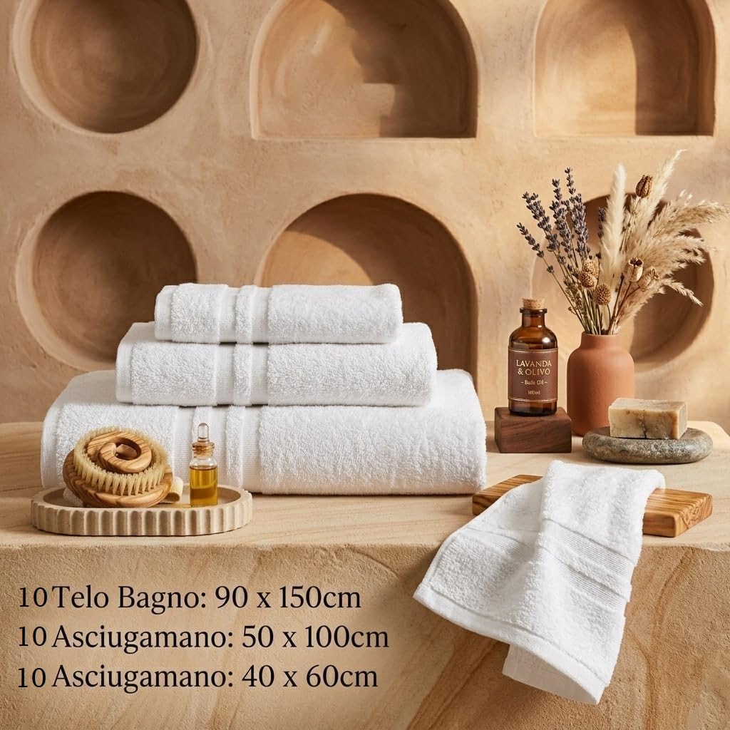 Generico Set Tris Spugna di 10 Teli Doccia Bagno, 10 Asciugamani Viso, 10 Asciugamani Ospite100% Cotone Spugna Idrofila 500 gr/mq Perfetto per Hotel, B&B e Case Vacanze Set 30 Pezzi Asciugamani