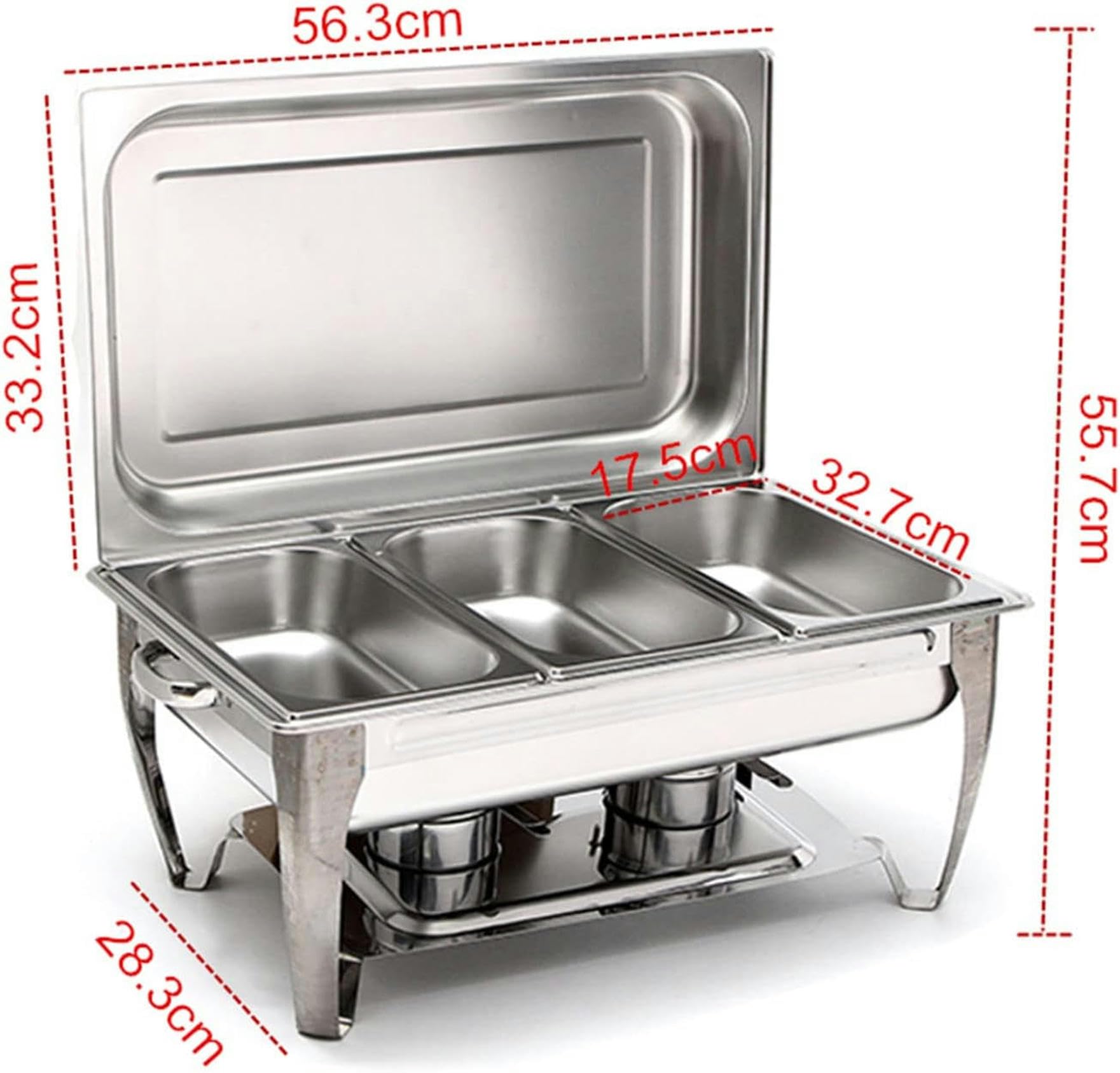 Chafing Dish in acciaio inox da 9 litri, set di contenitori scaldavivande per buffet con 3 contenitori per alimenti da 1/3 di dimensione e porta combustibile, per matrimoni, feste, banchetti, eventi d