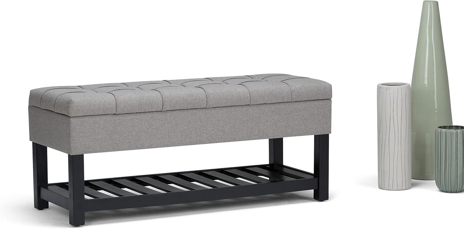 SIMPLIHOME Saxon Storage Ottoman Bench - 43 inch Wide Upholstered Linen Look Fabric Rectangle Storage Ottoman in Dove Grey, Transitional Bench for Bedroom with Tufted Lift-Top and Open Bottom Shelf