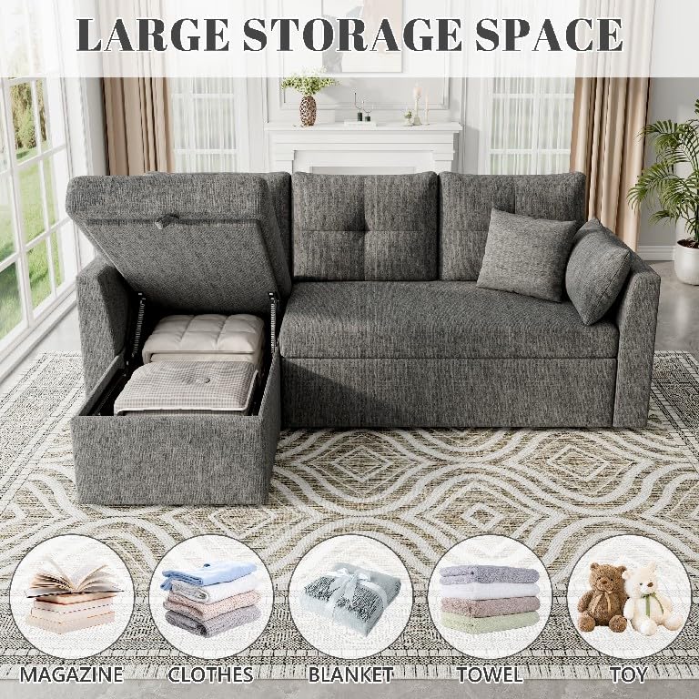 Image of Huatean Home Sleeper Sofa Couch, 2 in 1 Sectional Sleeper Couch Bed with Side Pocket, Pullout Sofa Bed with Storage Chaise for Living Room, Dark Grey