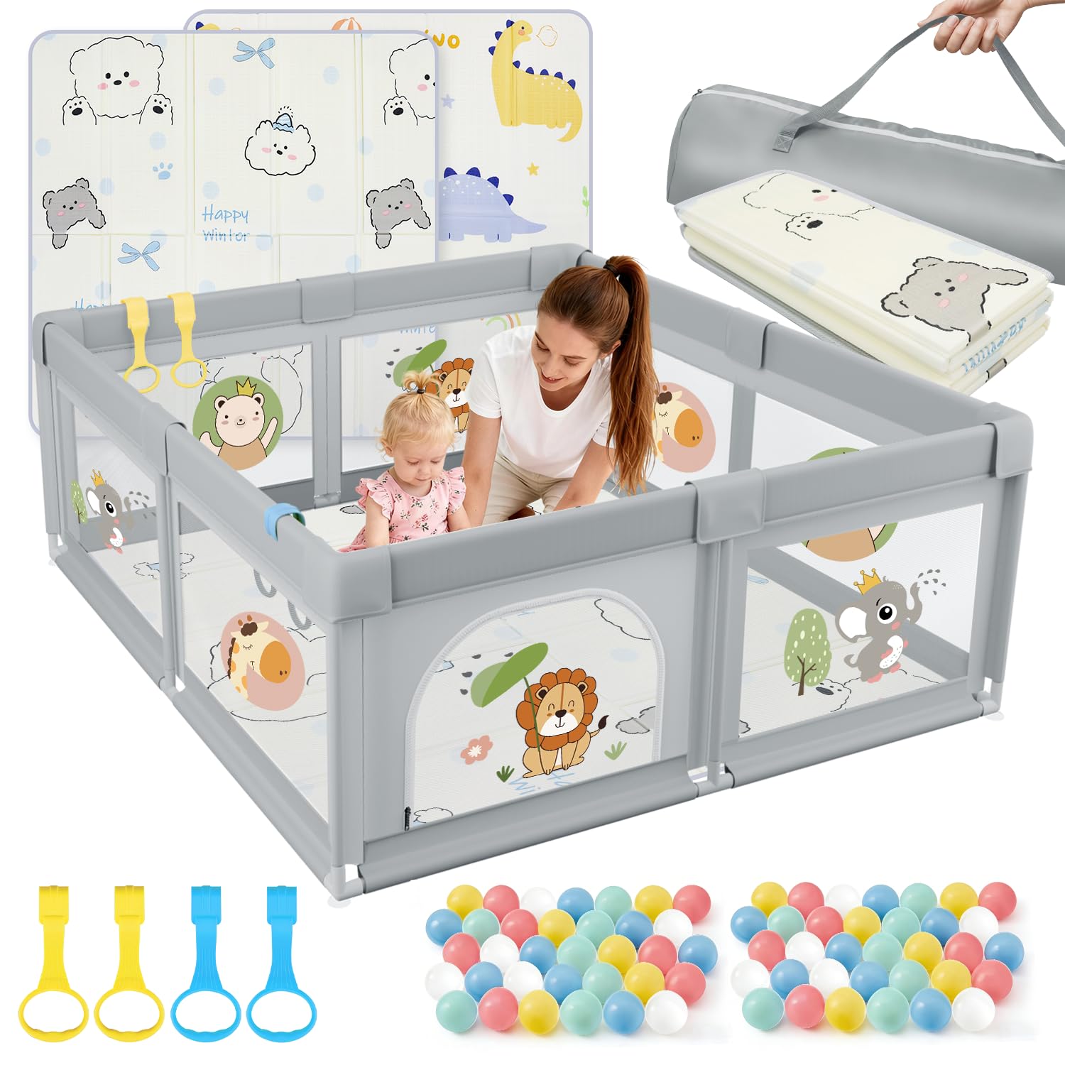 SOFTHOM Laufstall Baby 120x120 mit Matratze, Laufgitter mit 360°Atmungsaktivem Netz, Oxford-Stoff, Rutschfester Basi, Sicher Aktivitätszentrum für Kinder, 60Ozeanbälle/4 Zugringen, Grauer Löwe