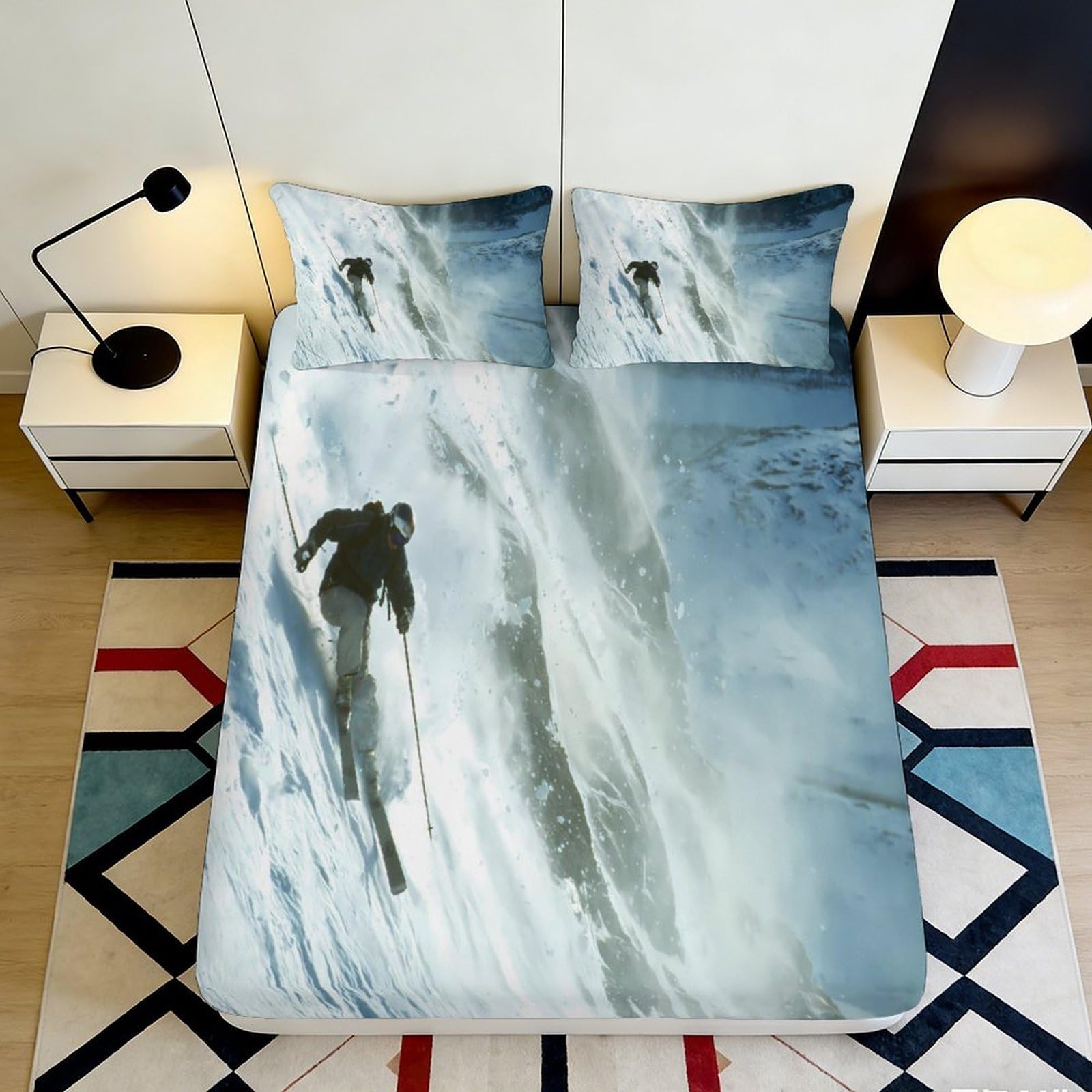 3D Printed Skiing Mountain Fitted Sheet Microfiber Soft Anti-Slip Snow Landscape Bed Cover for Bedroom Dorm Decor 90x200x25cm