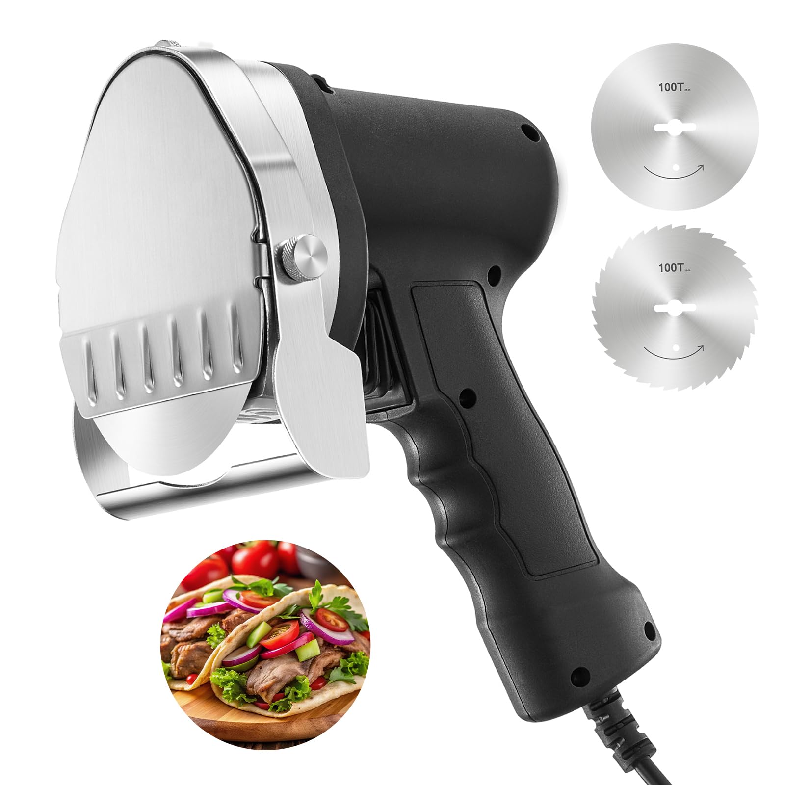FOHERE Couteau à Kebab Electrique, Epaisseur de Coupe Réglable 0-8mm, 3800 RPM, Trancheuse à Viande Turc Shawarma Döner Kebab avec 2 Lames D100 mm, pour Restaurant, Snack-bar
