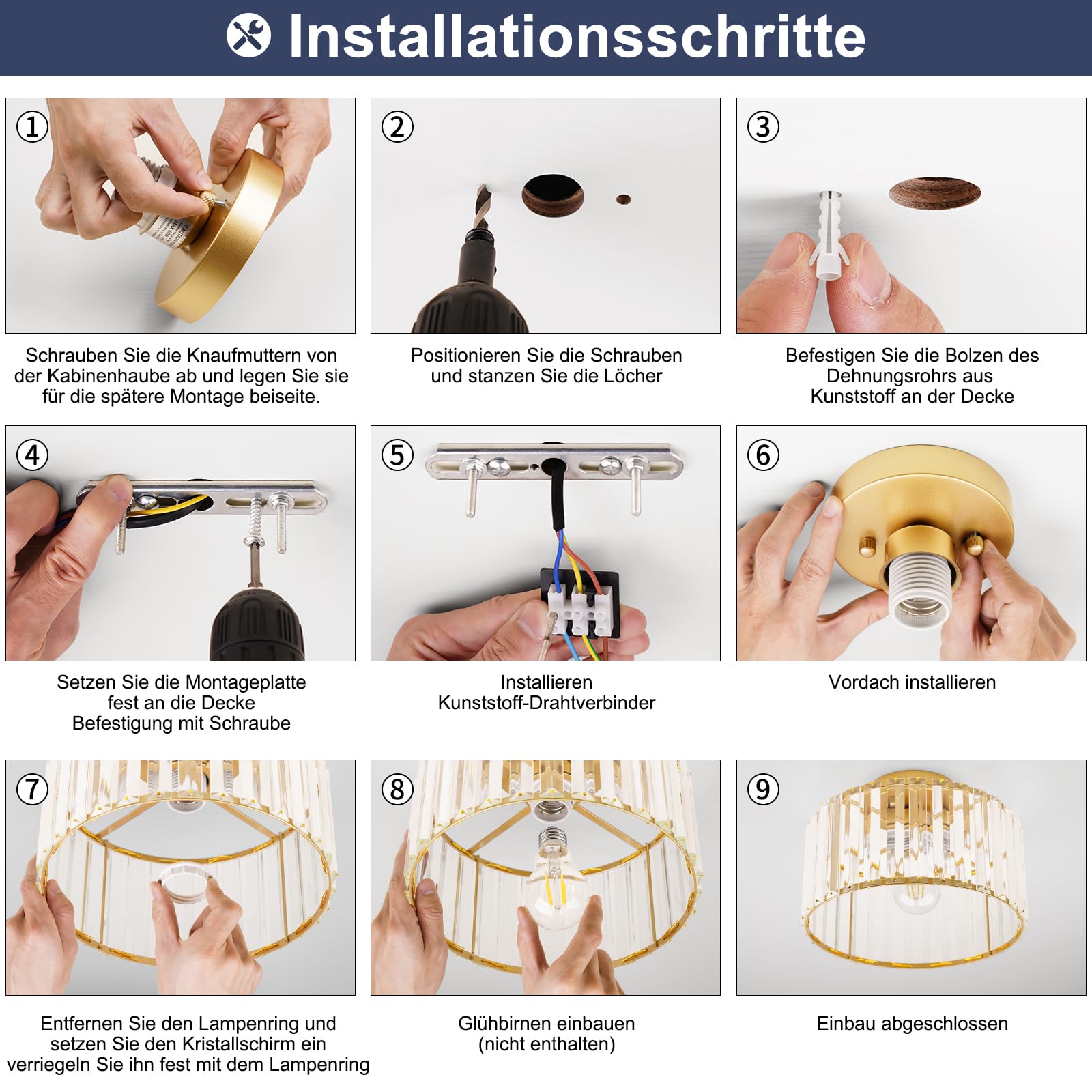 Qamra Moderne Deckenleuchte Gold Kristall Lampenschirm 27CM | Deckenlampe Metall Rund Hängend Lampe für Schlafzimmer Wohnzimmer Küche Flur Esszimmer E27(Glühbirnen nicht enthalten)