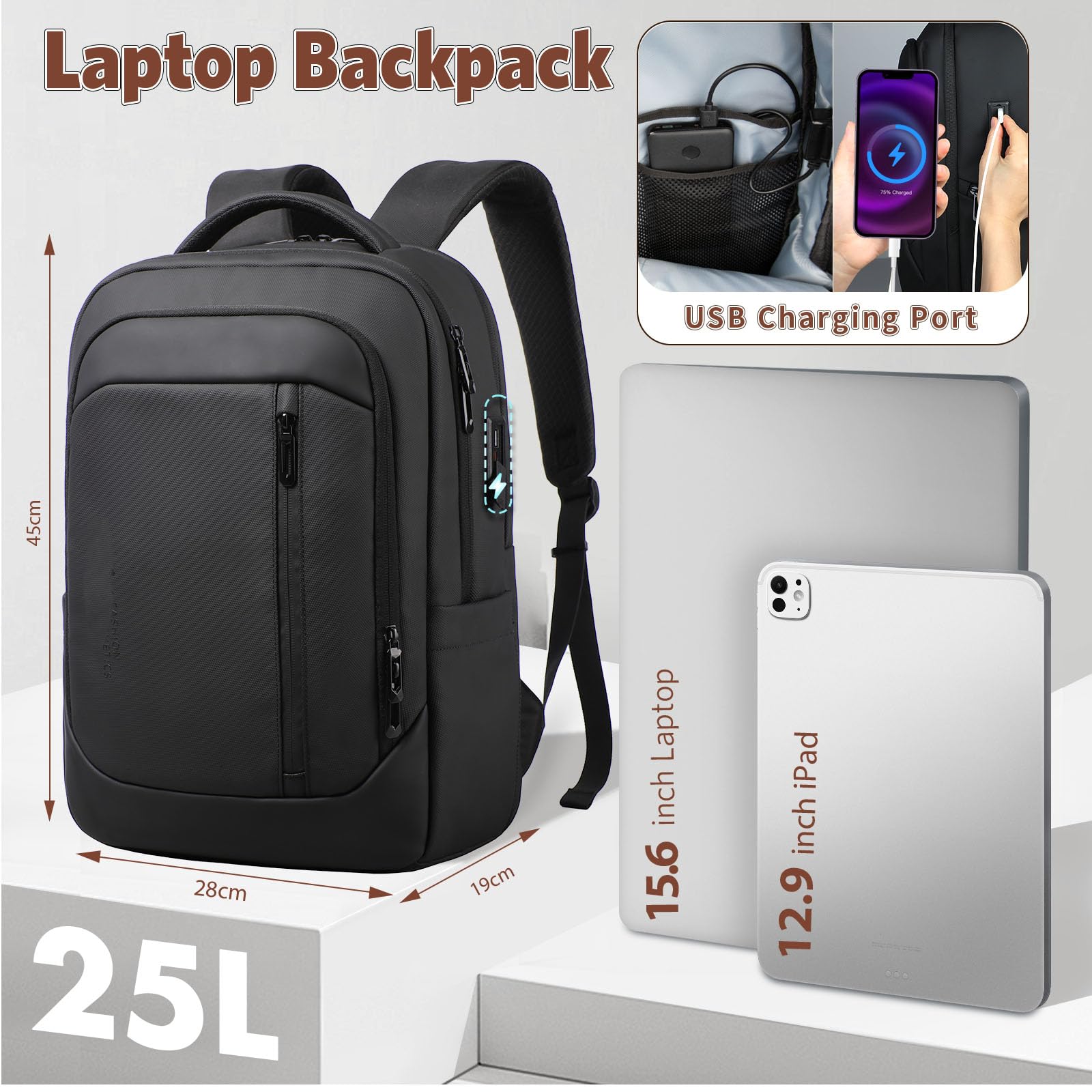 Zaino Porta PC 16 Pollici Uomo Donna, Zaino Laptop Impermeabile 25L con Porta USB, Zaino Business Antifurto per Lavoro Università Viaggio, Backpack Casual Grande Capacità per Notebook e Tablet-Nero