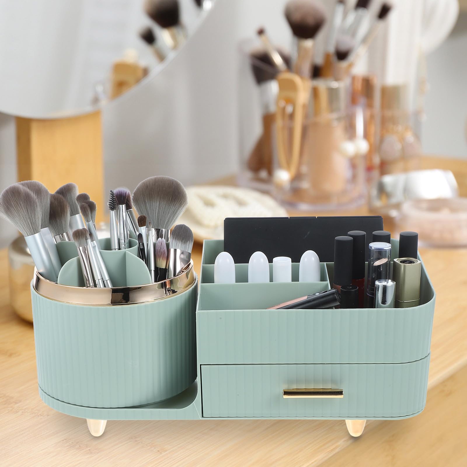 Porta Pennelli Make Up Rotante da Tavolo, Organizer Trucchi Grande Capacità, Pet, Verde Chiaro, per Desktop e Dressing Room