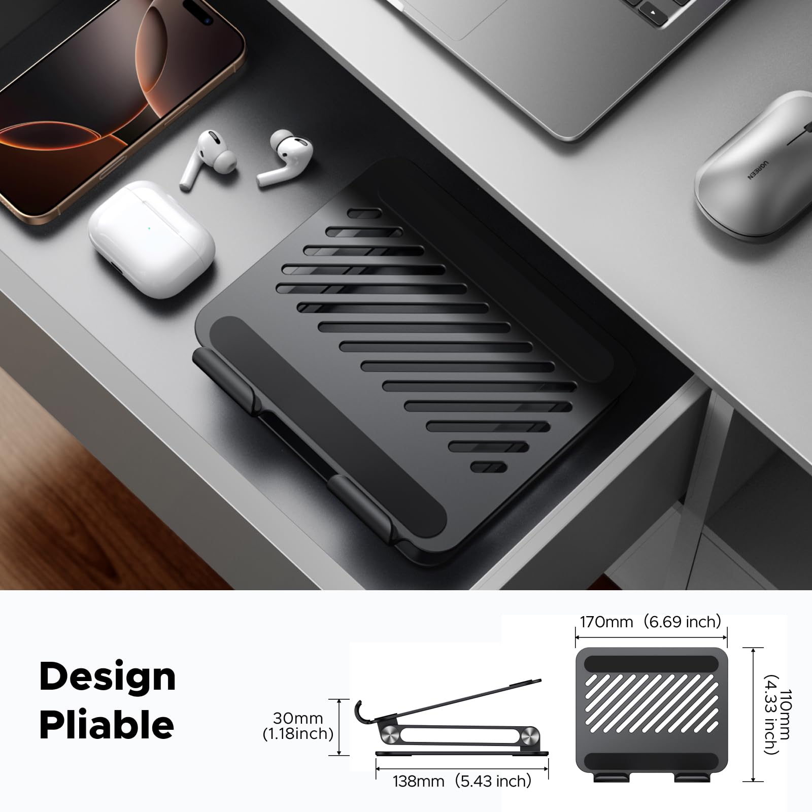 UGREEN Support Tablette Bureau Réglable à Double Tige Porte Téléphone Pliable Aluminium Compatible avec iPad Pro Air Mini 12,9 11 10,5 Pouces Galaxy Tab A9 S9 iPhone 16 Plus Pro Max 15 (Gris)