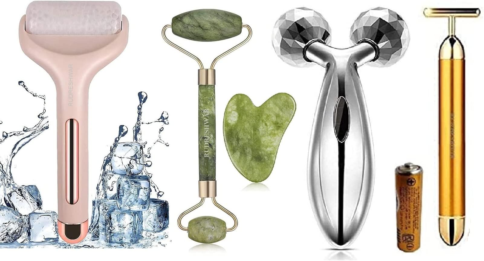 Jade Roller and Gua Sha Tool 100% Natural Stone, Ice Roller Face Massager, 3D Face and Body Massager Roller, T Shape Gold Energy Beauty Bar Electric Vibration Facial Massage.