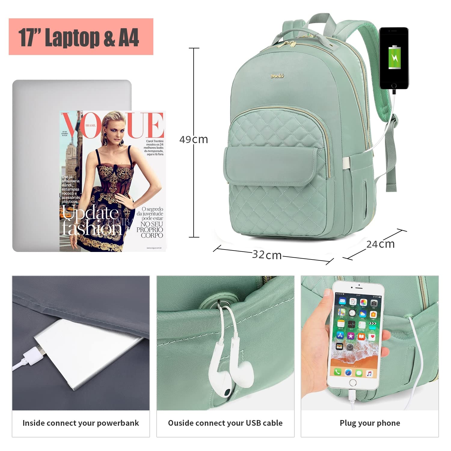 Kuosdaz Rugzak voor dames, 15,6 inch schoolrugzak meisjes tieners met USB-oplaadpoort, laptoprugzak stijlvolle dagrugzak waterdicht voor school, uni, reizen, werk, zwart
