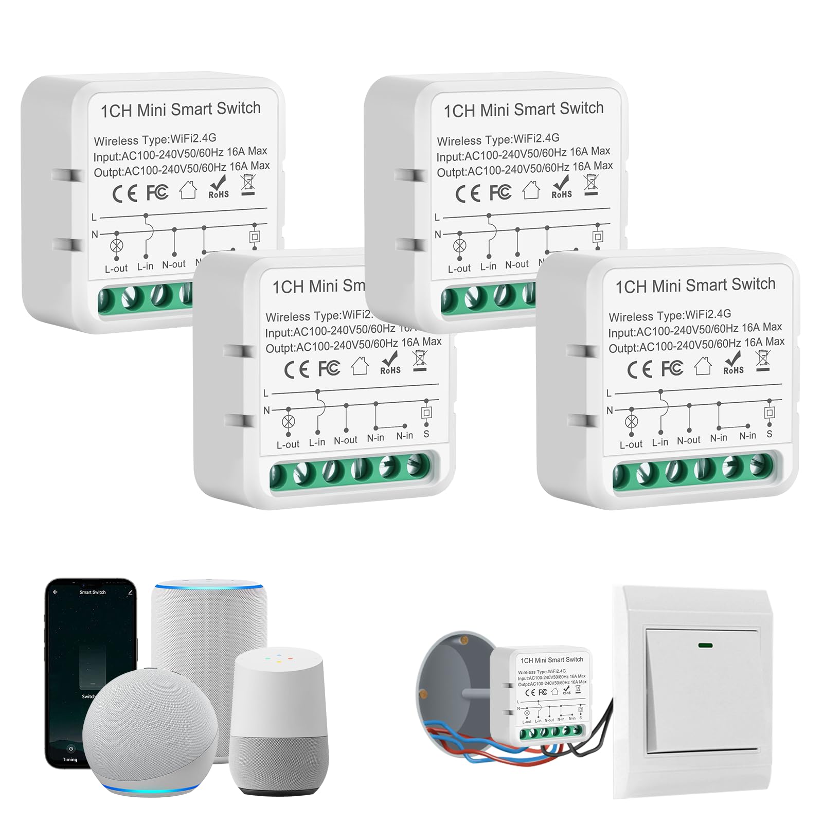 Interruttore Wifi Smart Life, 2.4G Interruttore Smart Wifi,Mini intelligente, Smart Luci Rele Module,Controllo Remoto via App Smart Life/Tuya per Domestica Intelligente