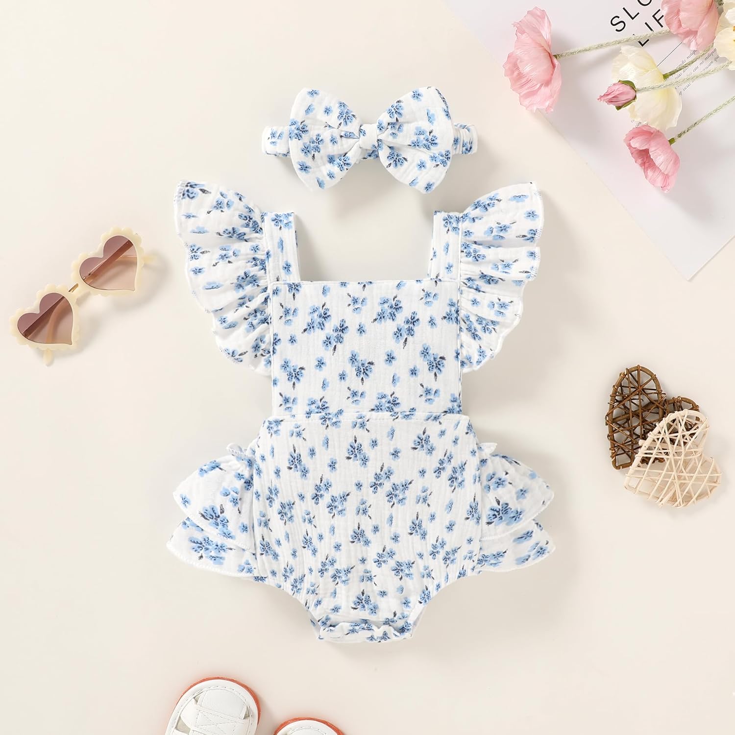 Happy Town Baby Girl Clothes Toddler Summer Linen Romper Sleeveless Ruffle Outfits Infant Girls Jumpsuit with Headband - Image 2
