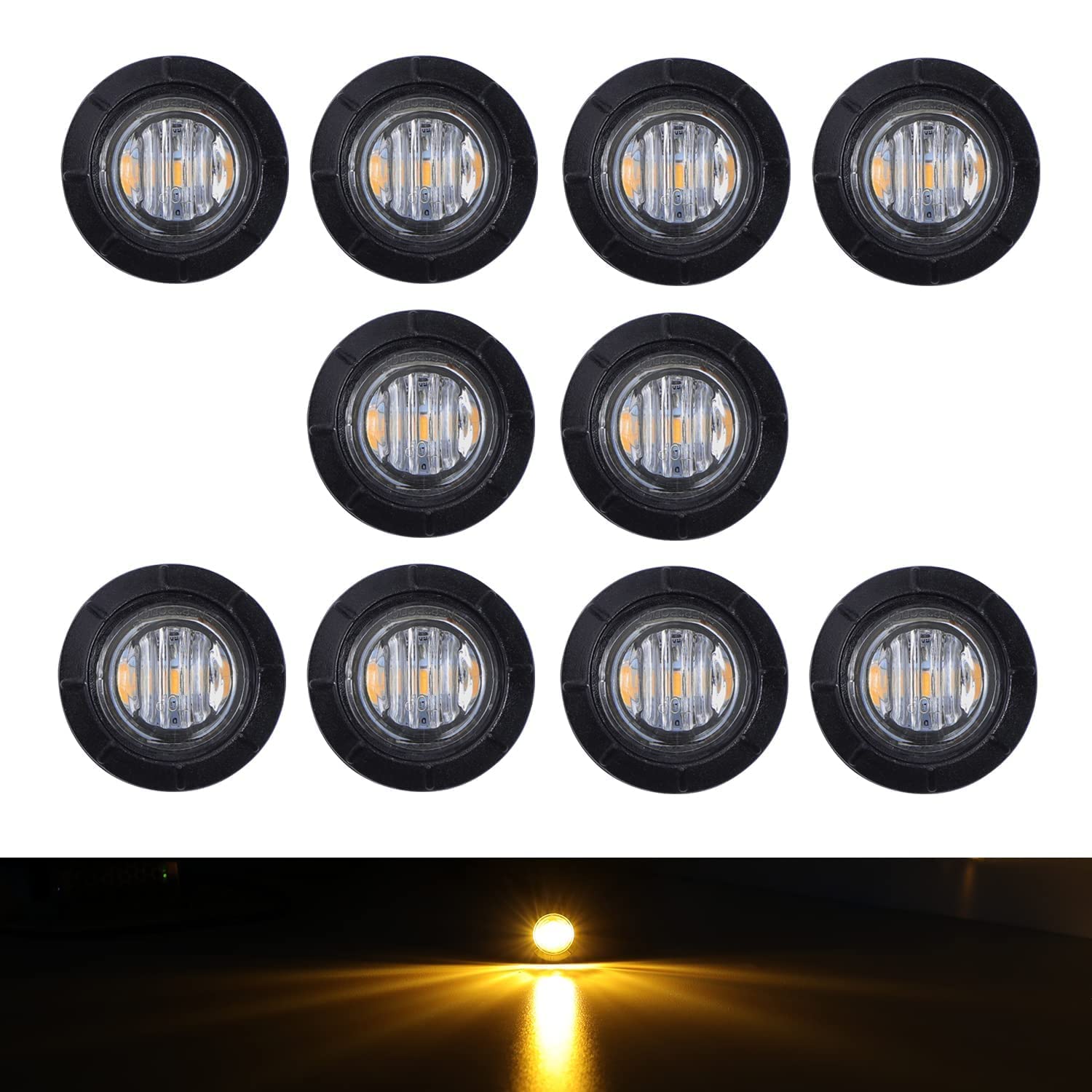 TMH 3/4 Inch Clear Lens Amber 3 LED Clearance Side Marker Indicator Lights Round Mini Lamp with Rubber 12V DC for Truck Lorry Tow Trailer Car (Pack of 10)