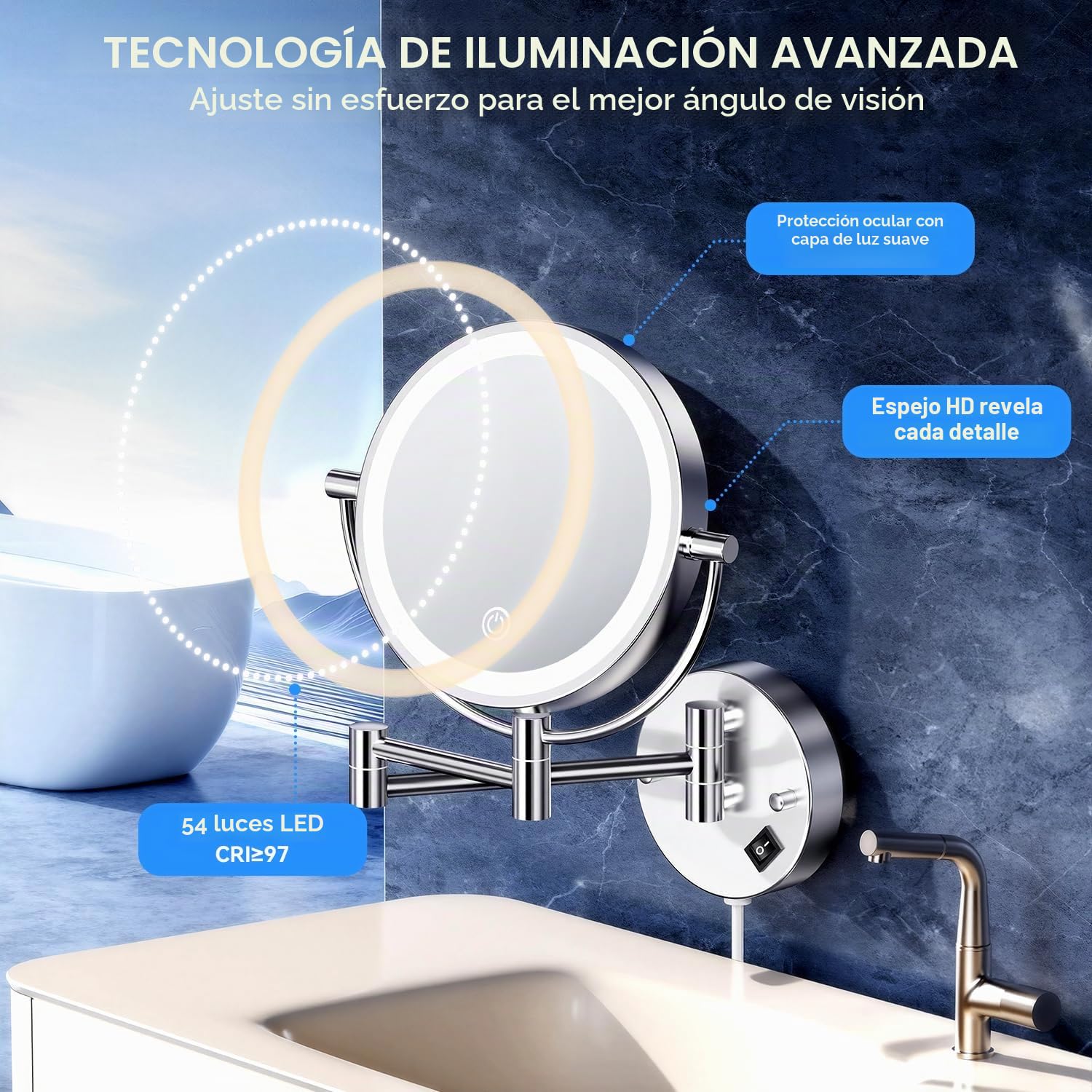 Auxmir Espejo Maquillaje con Luz Pared, 1X/20X Aumento Doble Cara Giratorio 360, Espejo Baño Extensible Táctil con Enchufe, 3 Colores Brillo Regulable, para Hotel, SPA, Plata