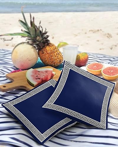 Miniatura 3 de Juego de 2 fundas de almohada impermeables para exteriores, diseño geométrico de llave griega, juego de 2 fundas de almohada lumbares, color azul