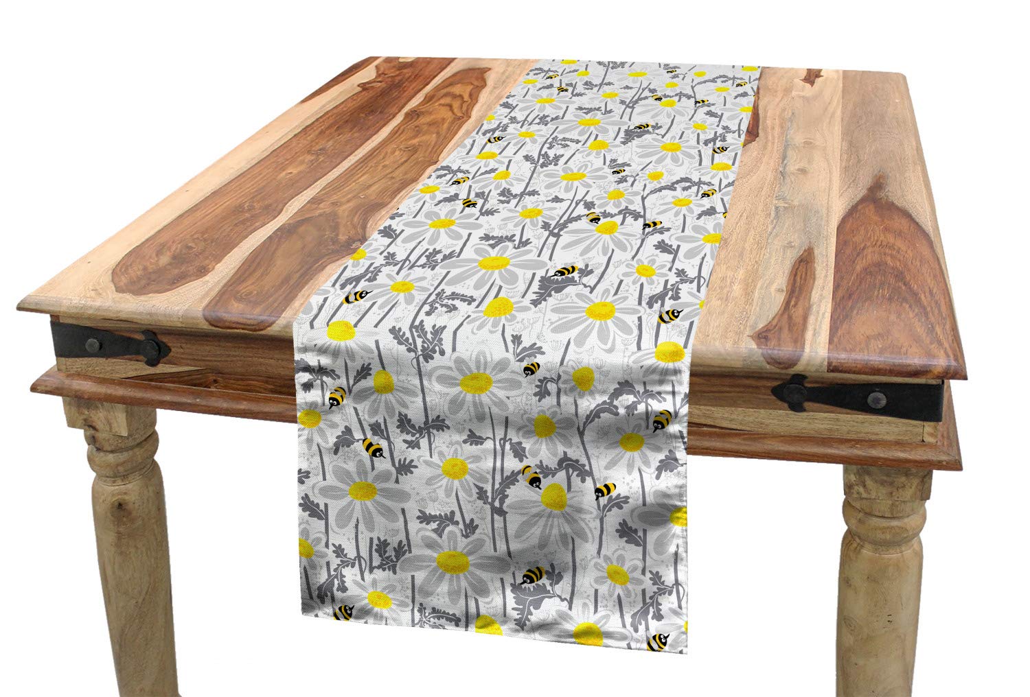 AmbesonneGrey Table Runner, Daisy Flowers Bees in Spring Time Honey Petals Floret Nature Purity Blooming, Dining Room Kitchen Rectangular Runner, 16" X 72", Yellow White