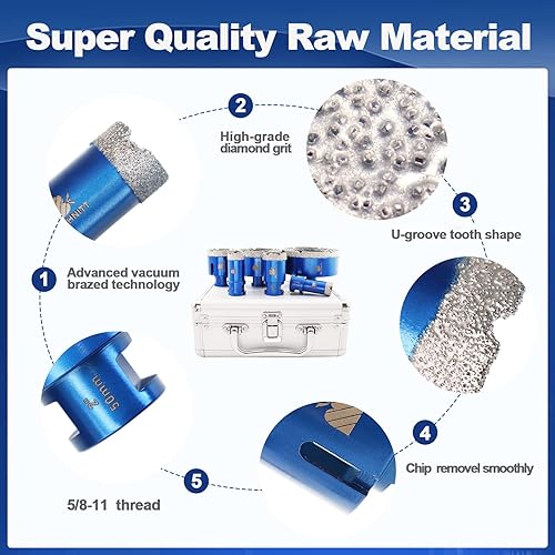 Miniatura 5 de Kit de sierra perforadora de diamante, 6 brocas para azulejos de porcelana, cerámica, mármol, granito, rosca 58-11, 45 a 4 pulgadas (20 a 3.937 in)