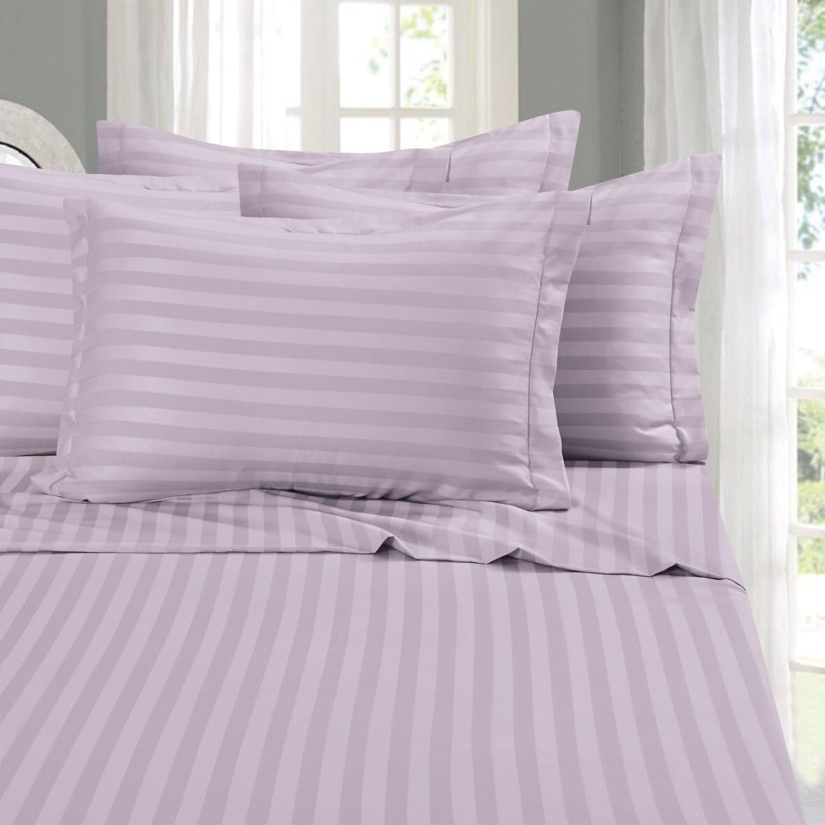 Elegant Comfort Wrinkle & Fade Resistant 1500 Premier - Damask Stripes Hotel Quality Luxurious Silky Soft 4pc Sheet Set, Up to 16" Deep Pocket, Queen, Lilac