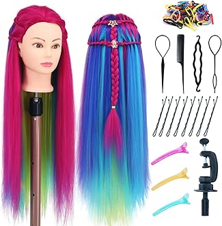 Mannequin Head with Hair 29'' Training Head Braiding Doll Head Styling Manikin Cosmetology Mannequin Head Hair Practice Model Head with Clamp Holder (Rose Red Series)